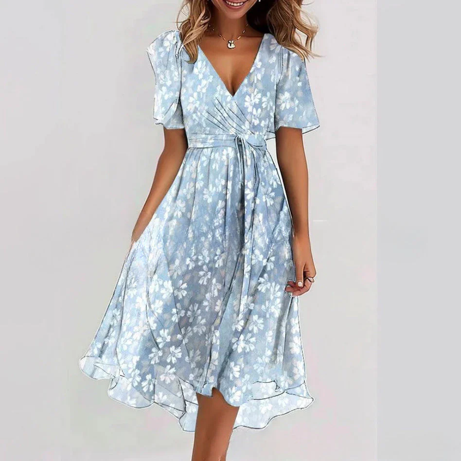 Floral Print A-Line Dress – V-Neck Short Sleeve Midi Dress - Image 19