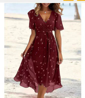 Floral Print A-Line Dress – V-Neck Short Sleeve Midi Dress - Image 20