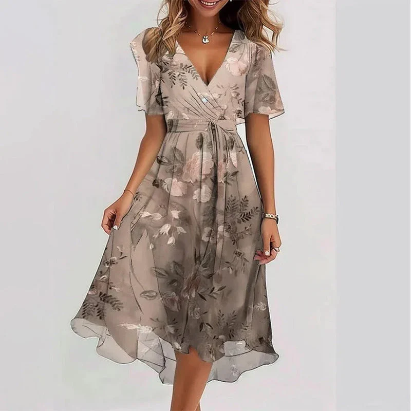 Floral Print A-Line Dress – V-Neck Short Sleeve Midi Dress - Image 6