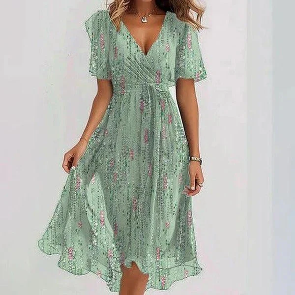 Floral Print A-Line Dress – V-Neck Short Sleeve Midi Dress - Image 8