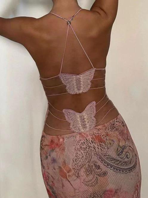 Floral Print Halter Dress - Sexy Butterfly Back Spaghetti Straps - Image 5
