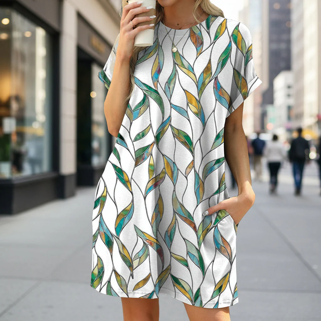 Floral Print Loose Pocket Dress | Round Neck Short Sleeve - Image 7