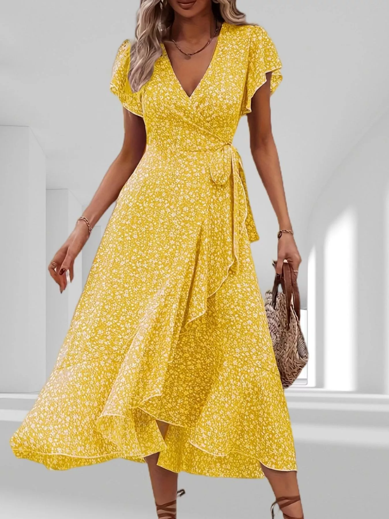Floral Print Ruffle Hem Wrap Midi Dress - Image 17