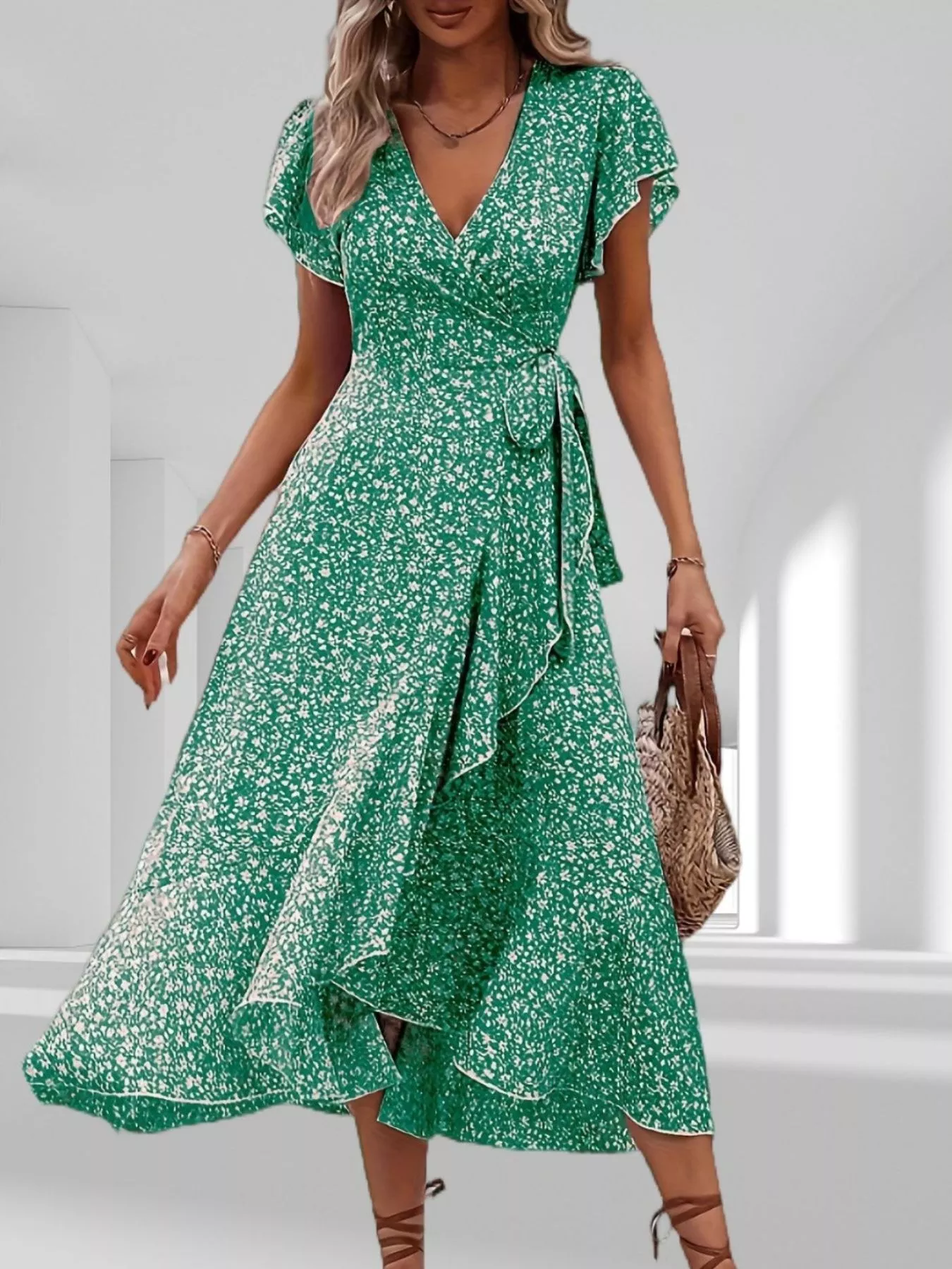 Floral Print Ruffle Hem Wrap Midi Dress - Image 3
