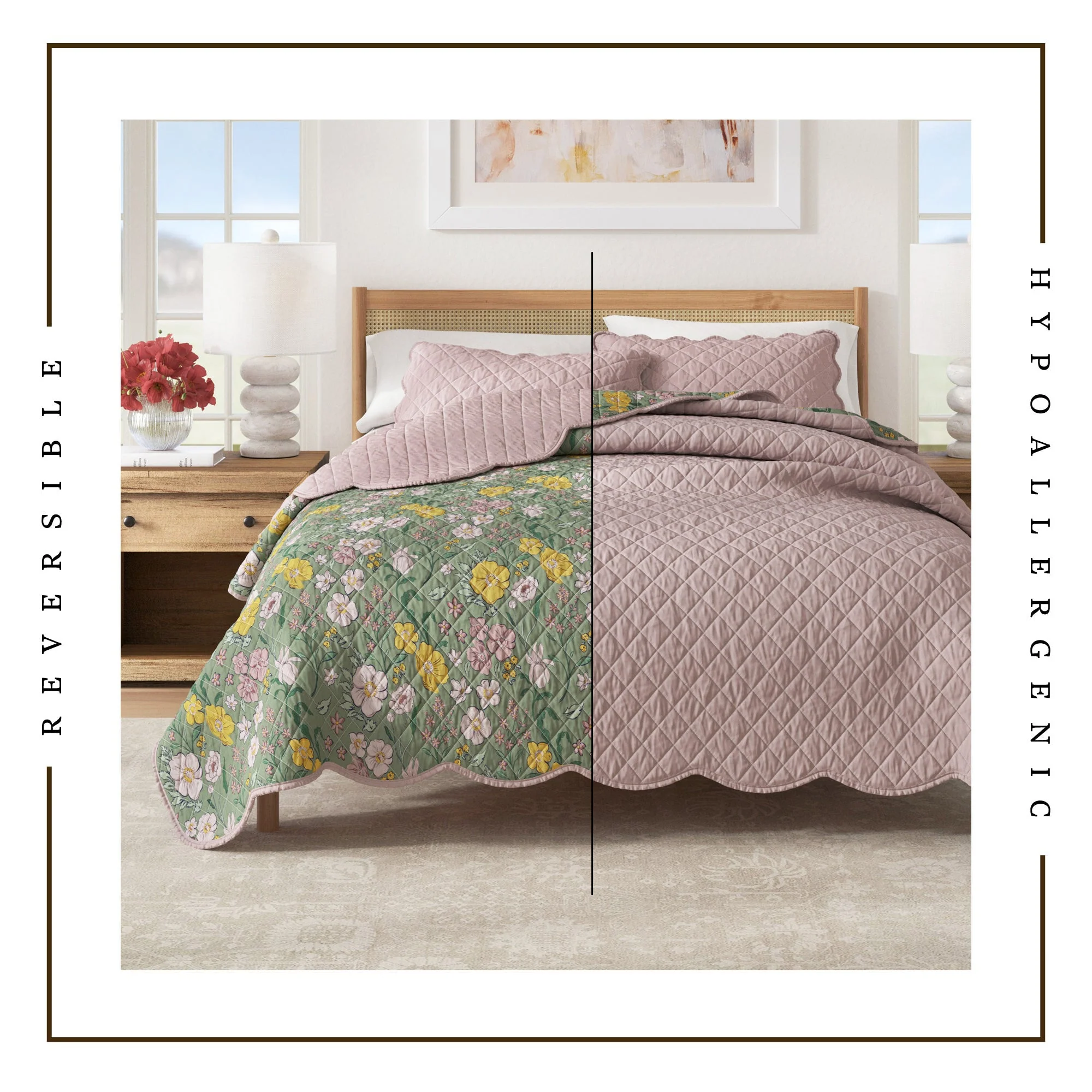 Floral Print & Scalloped Cotton Quilt Set - Gwen Collection - Image 3