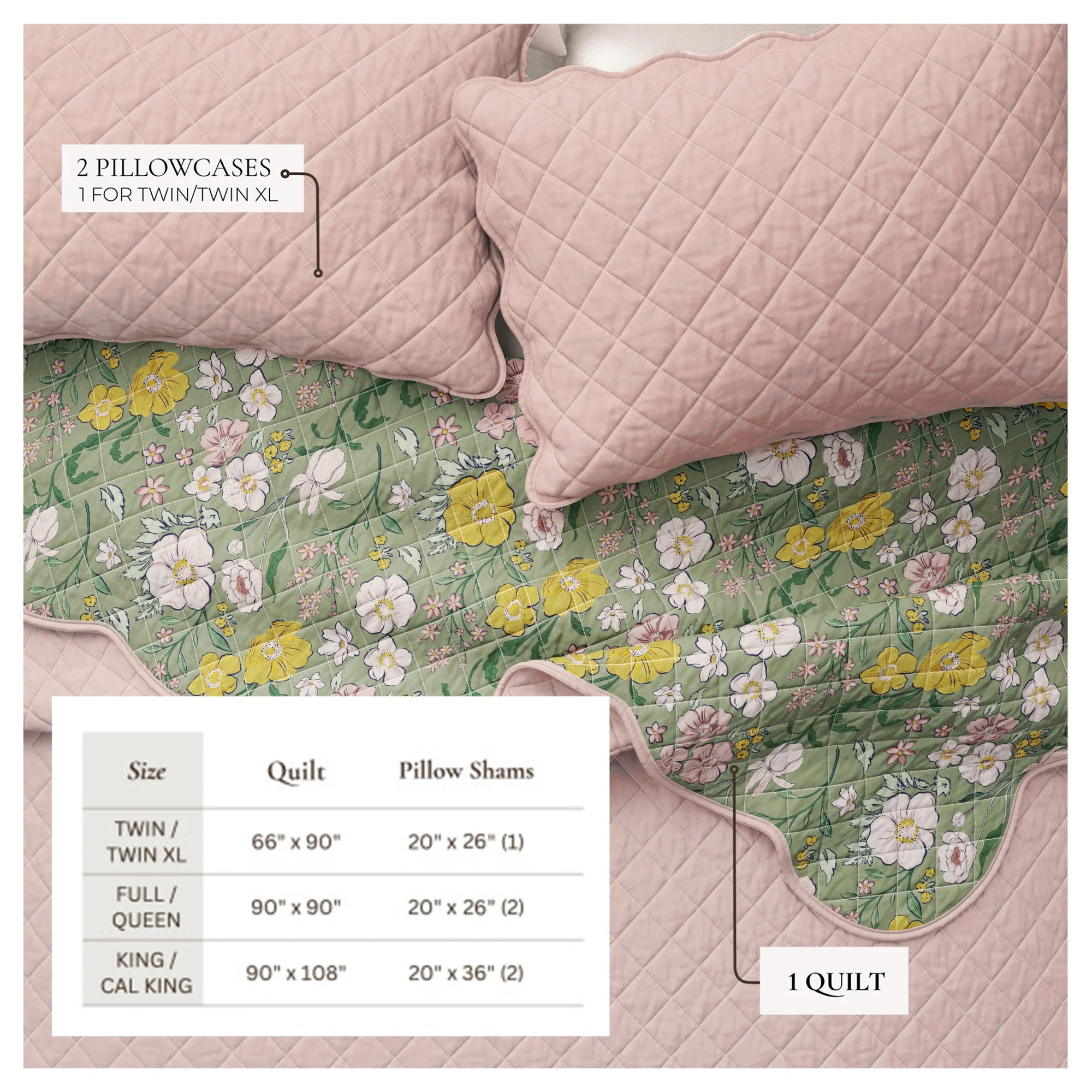 Floral Print & Scalloped Cotton Quilt Set - Gwen Collection - Image 4