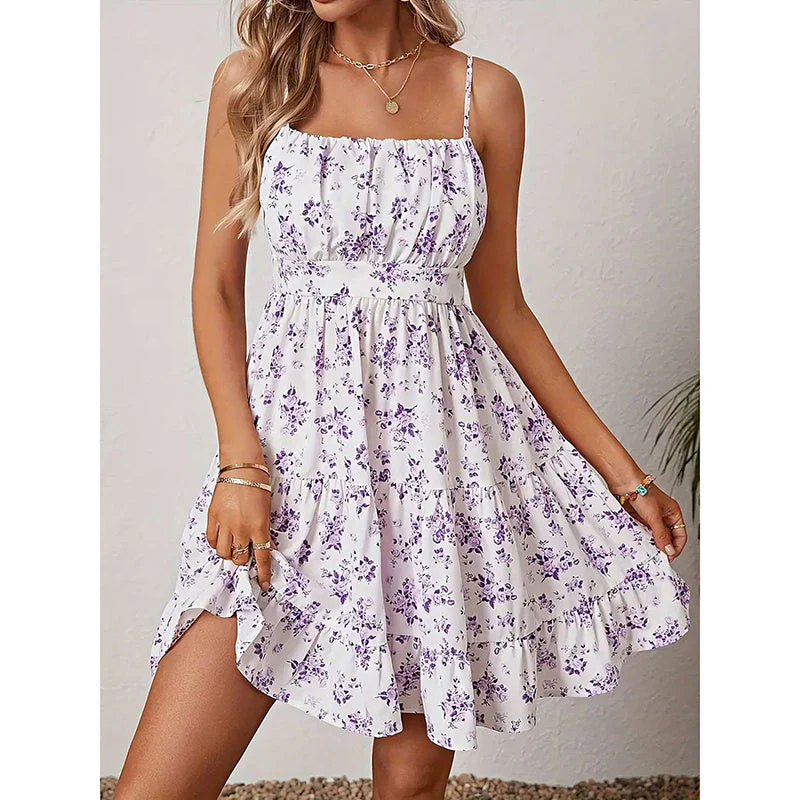Floral Print Smocked Mini Dress Spaghetti Strap Slim Fit Flowy Dresses - Image 11