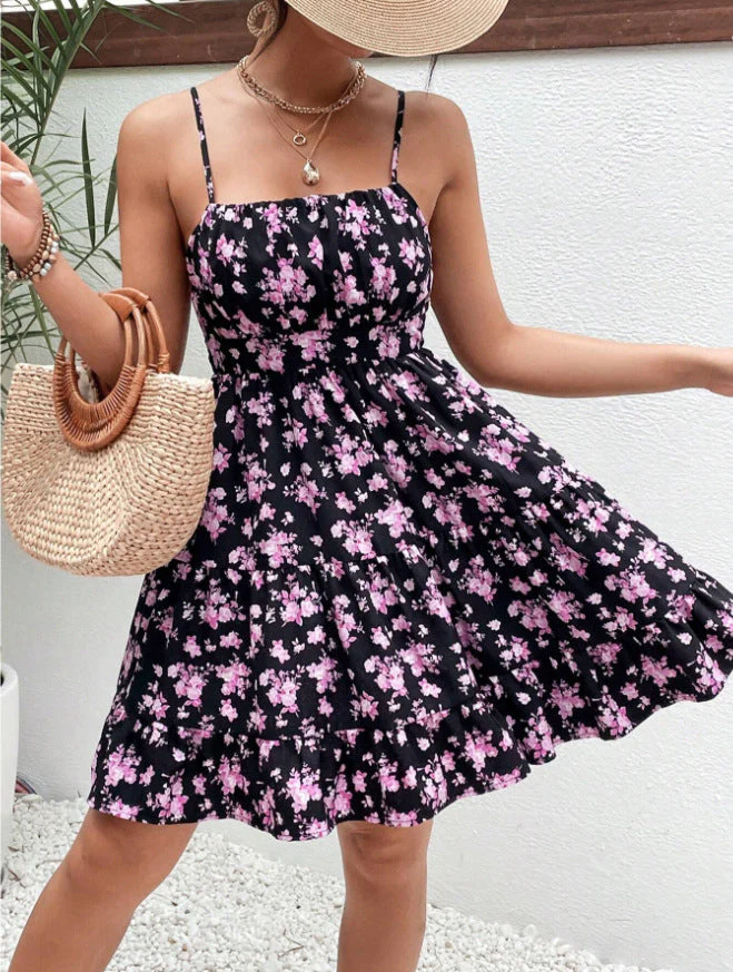 Floral Print Smocked Mini Dress Spaghetti Strap Slim Fit Flowy Dresses - Image 14