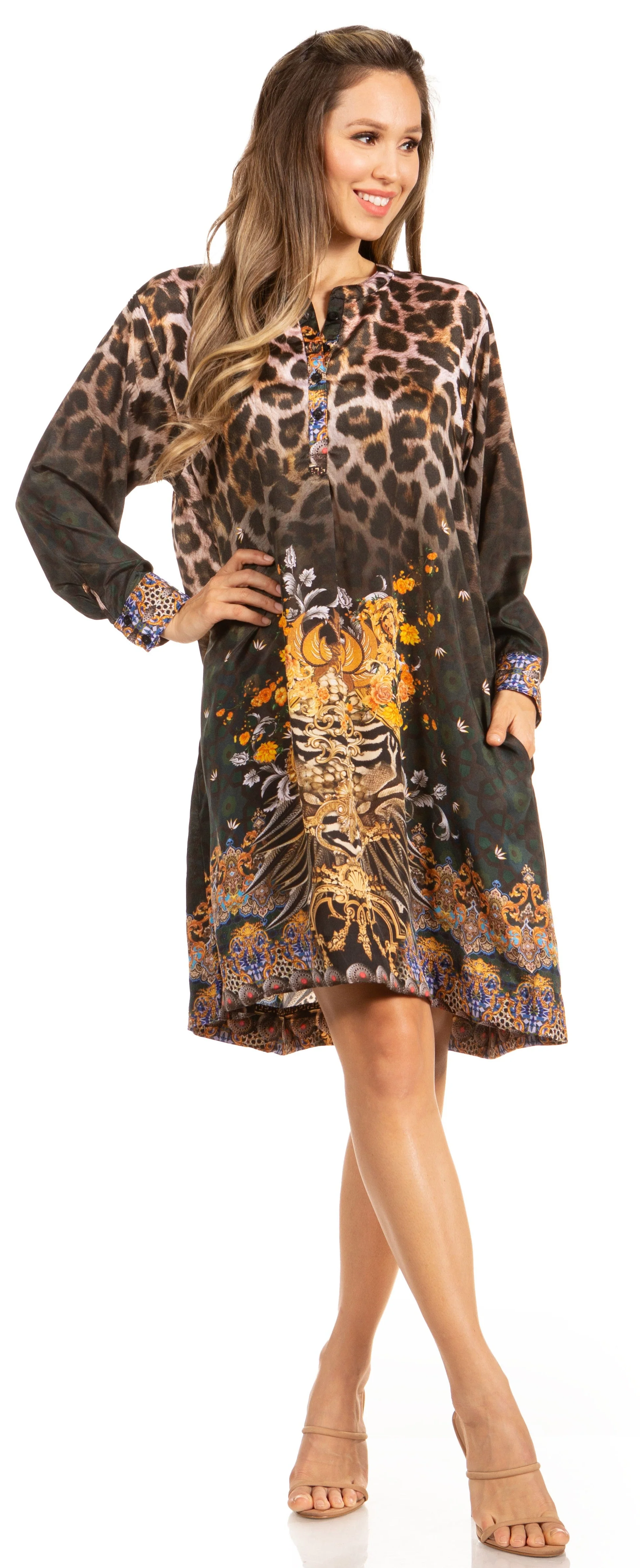 Floral Print Women's Long Sleeve Tunic Dress with Pockets - Sakkas Eloisa - Image 15