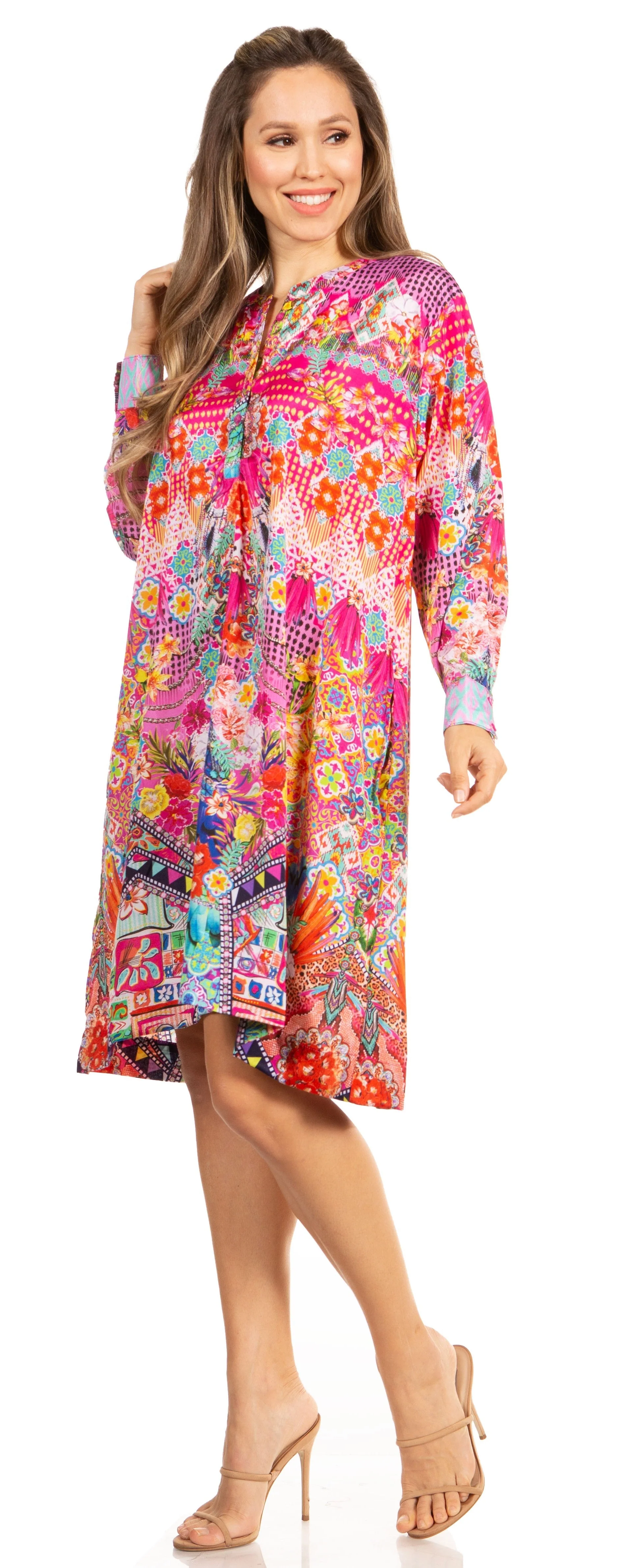 Floral Print Women's Long Sleeve Tunic Dress with Pockets - Sakkas Eloisa - Image 3