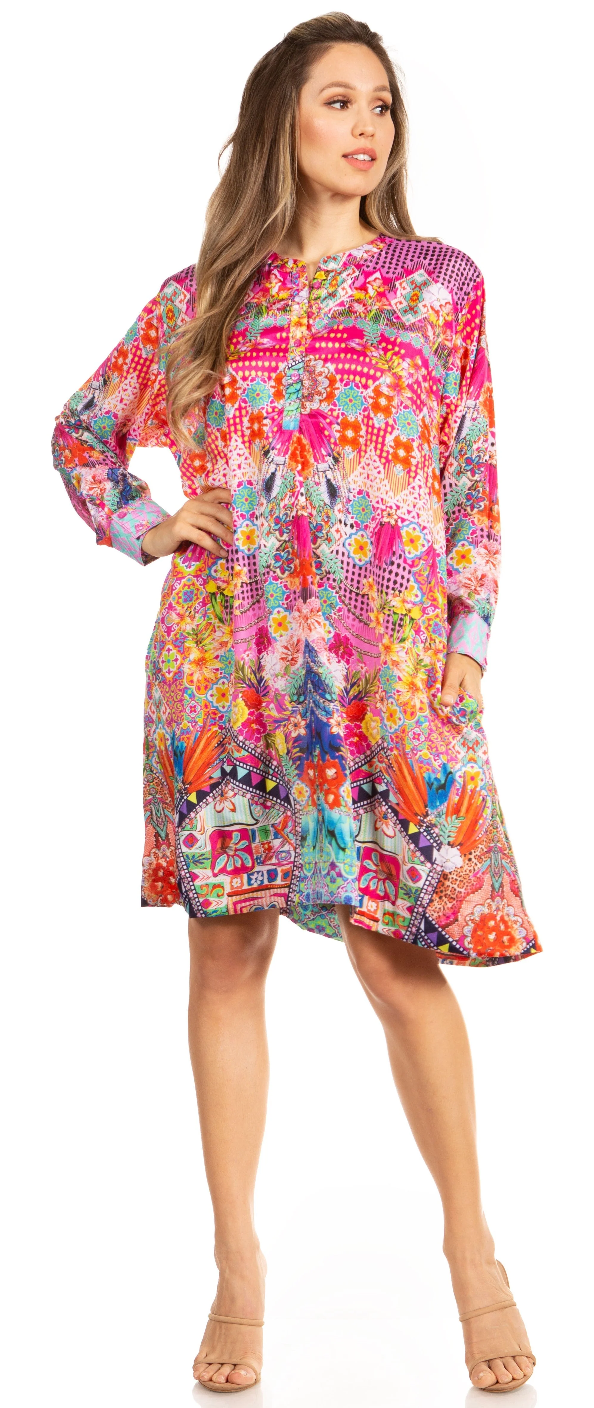 Floral Print Women's Long Sleeve Tunic Dress with Pockets - Sakkas Eloisa - Image 5