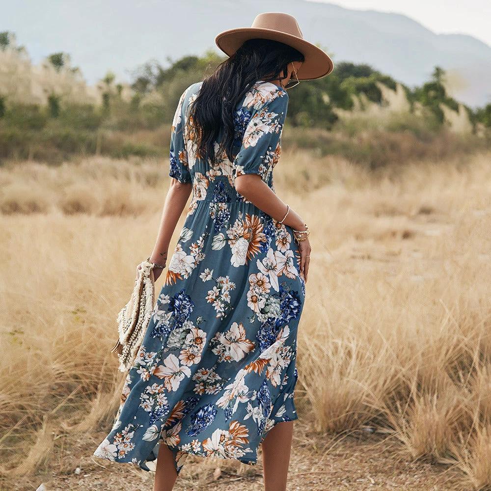 Floral Summer Beach Dress With V Neck Elastic Waist Dresses For Women - Image 4
