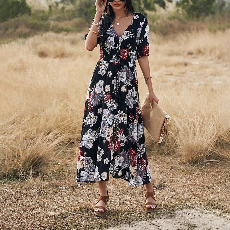 Floral Summer Beach Dress With V Neck Elastic Waist Dresses For Women - Image 5