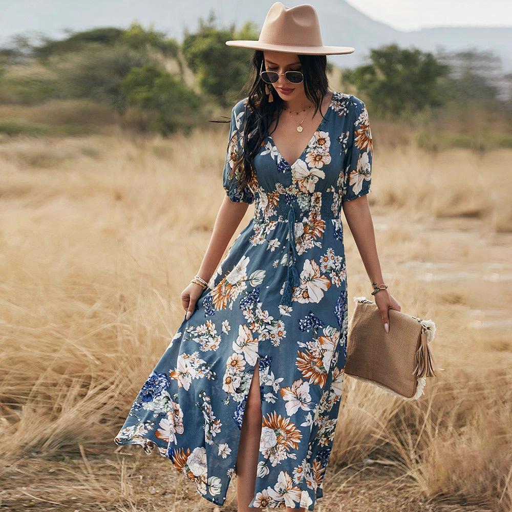 Floral Summer Beach Dress With V Neck Elastic Waist Dresses For Women - Image 7