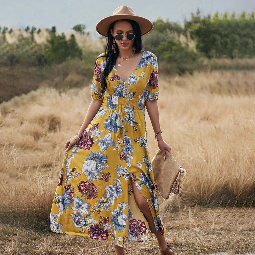 Floral Summer Beach Dress With V Neck Elastic Waist Dresses For Women - Image 8