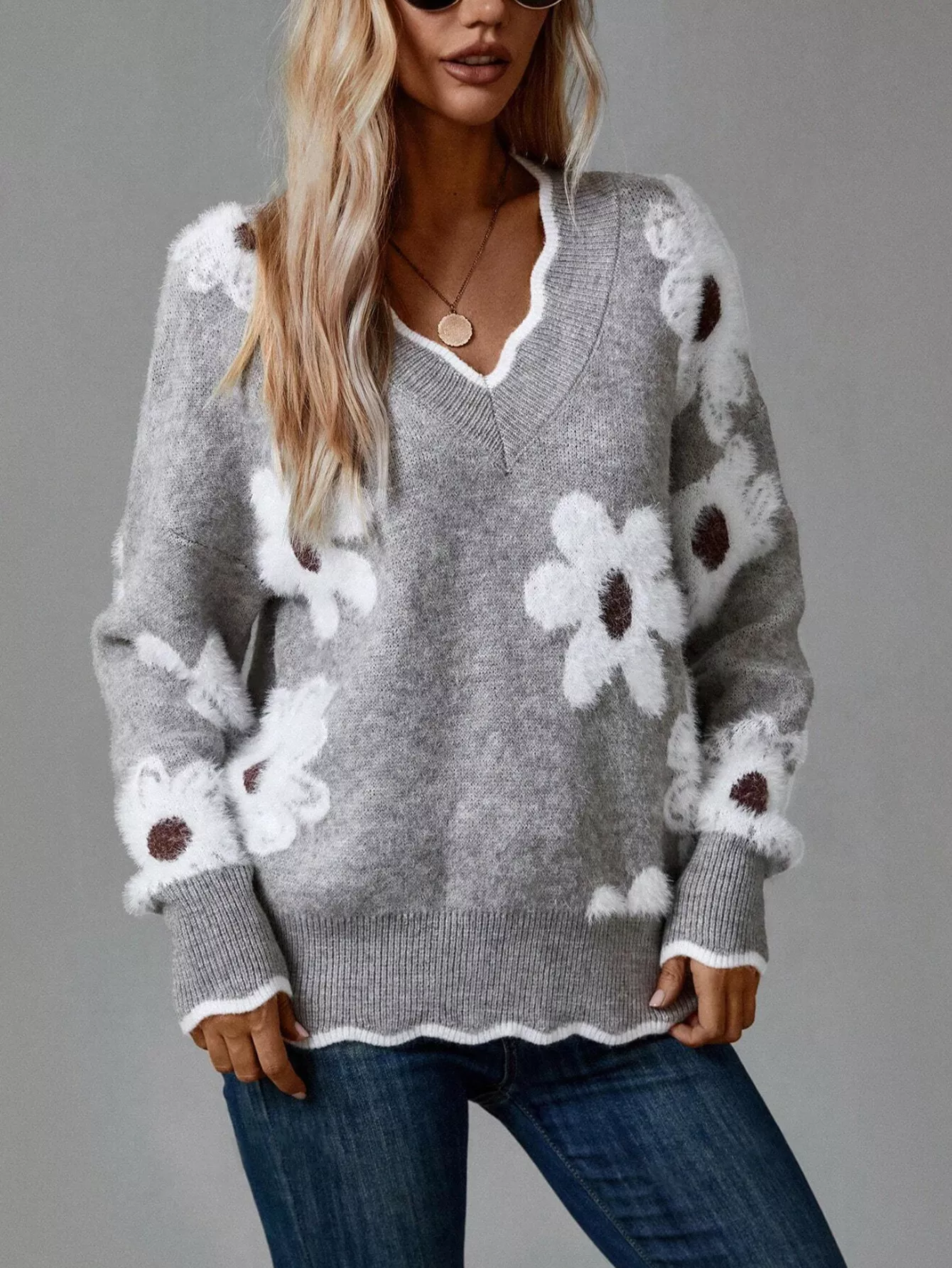 Floral V-Neck Long Sleeve Sweater - Image 3