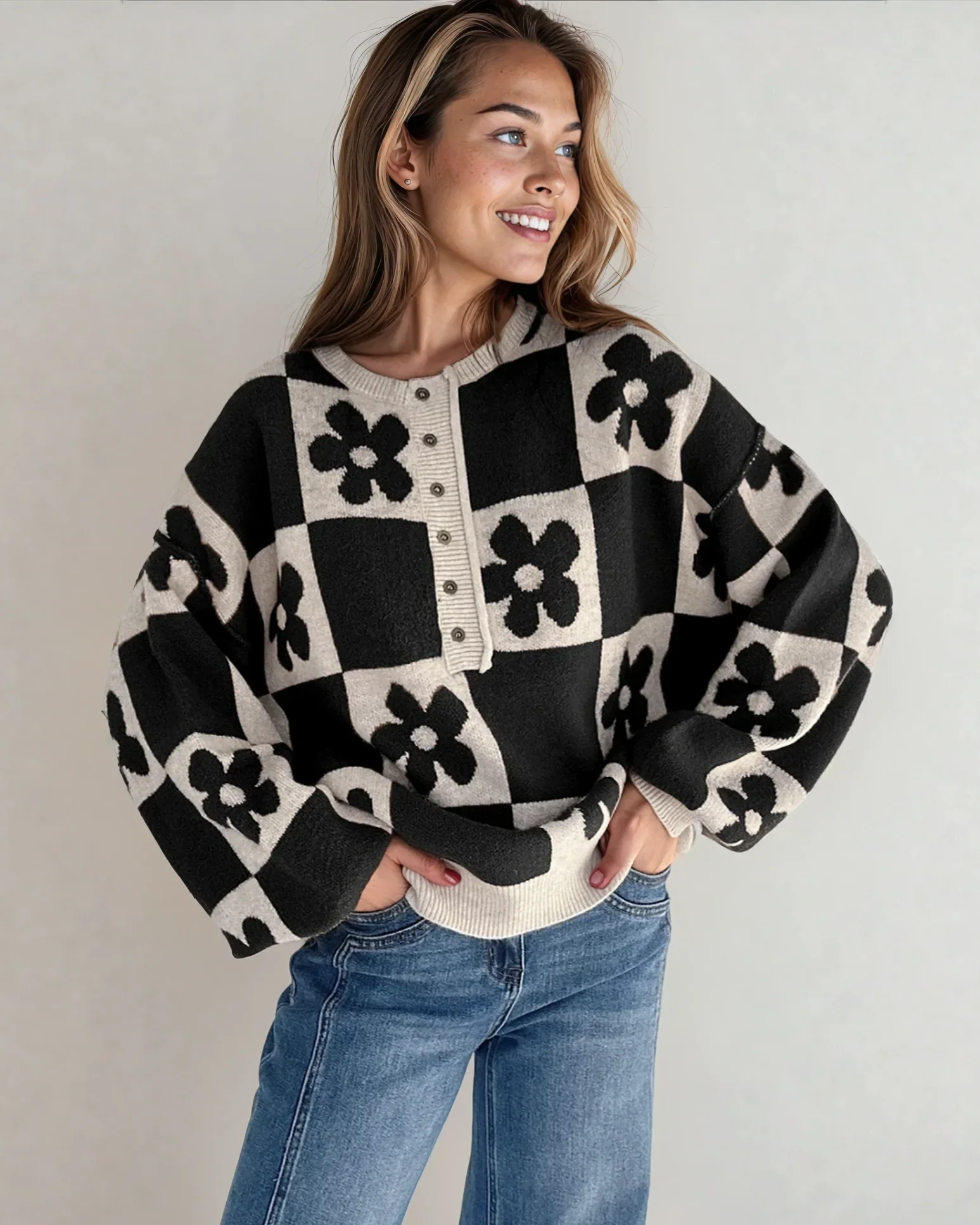 Flower Power Checkered Henley Sweater - Black - Image 2