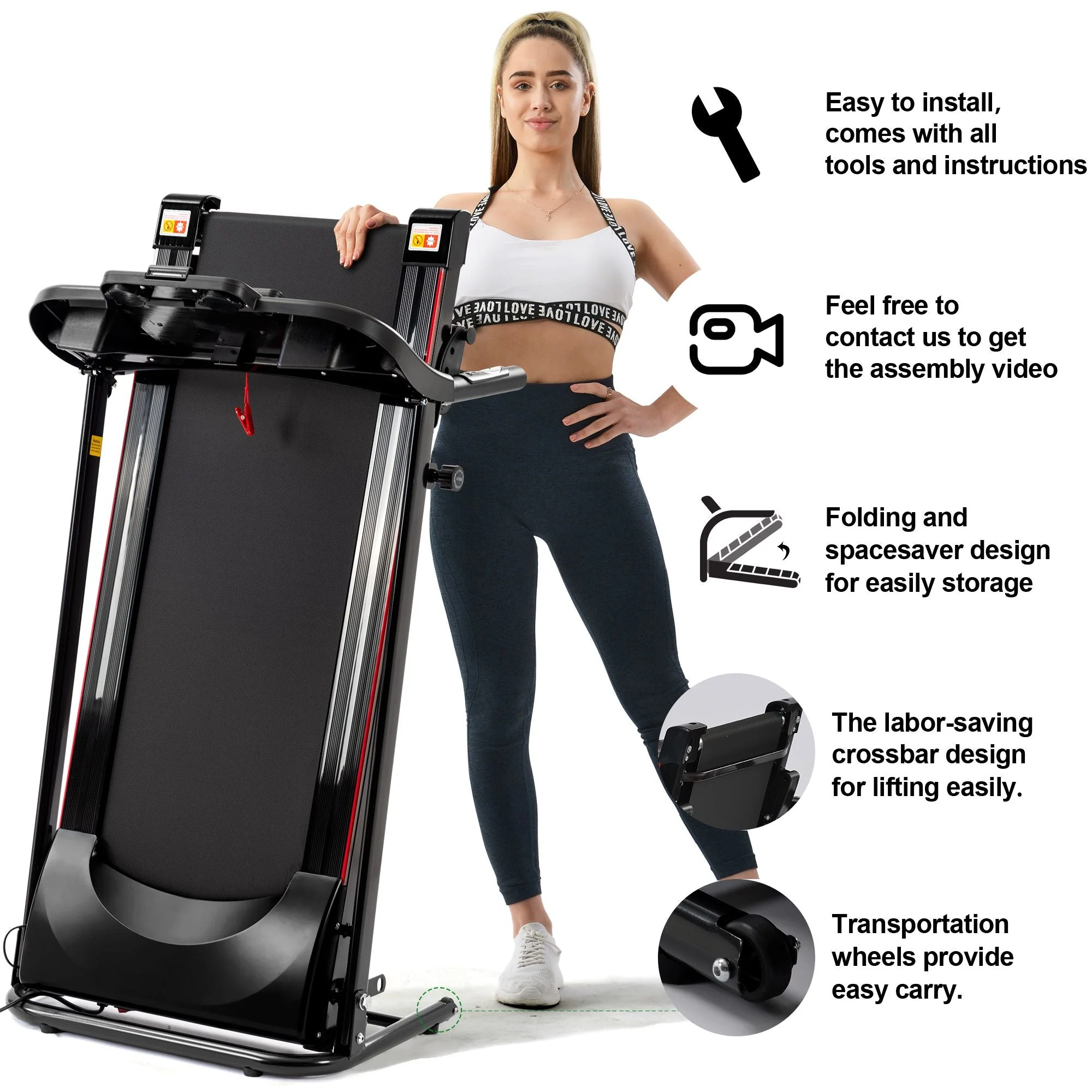 Folding Treadmill with Incline 2.5HP 12KM/H Electric Treadmill for Home Foldable, Bluetooth Music Cup Holder Heart Rate Sensor Walking Running Machine for Indoor Home Gym Exercise Fitness - Image 2