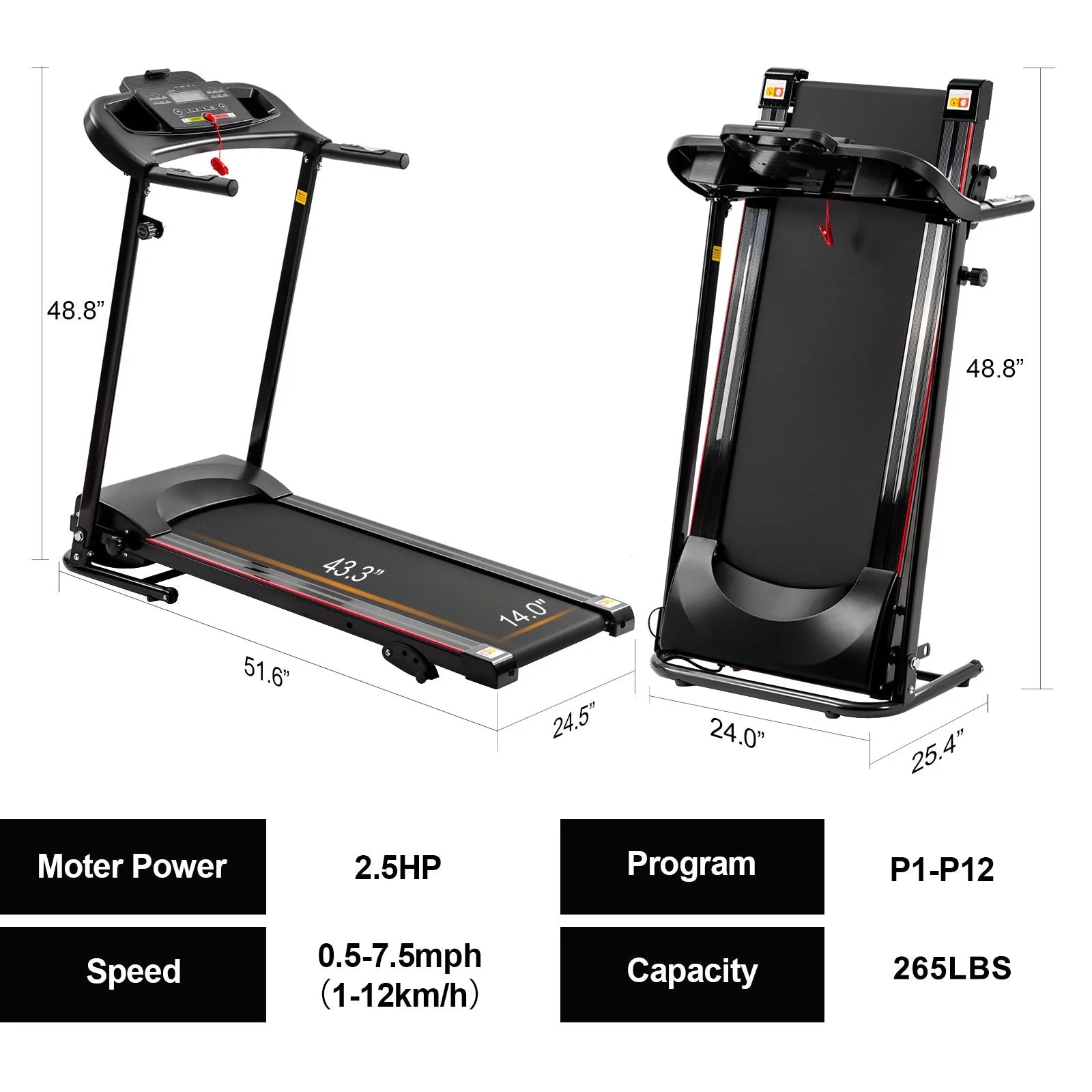 Folding Treadmill with Incline 2.5HP 12KM/H Electric Treadmill for Home Foldable, Bluetooth Music Cup Holder Heart Rate Sensor Walking Running Machine for Indoor Home Gym Exercise Fitness - Image 4
