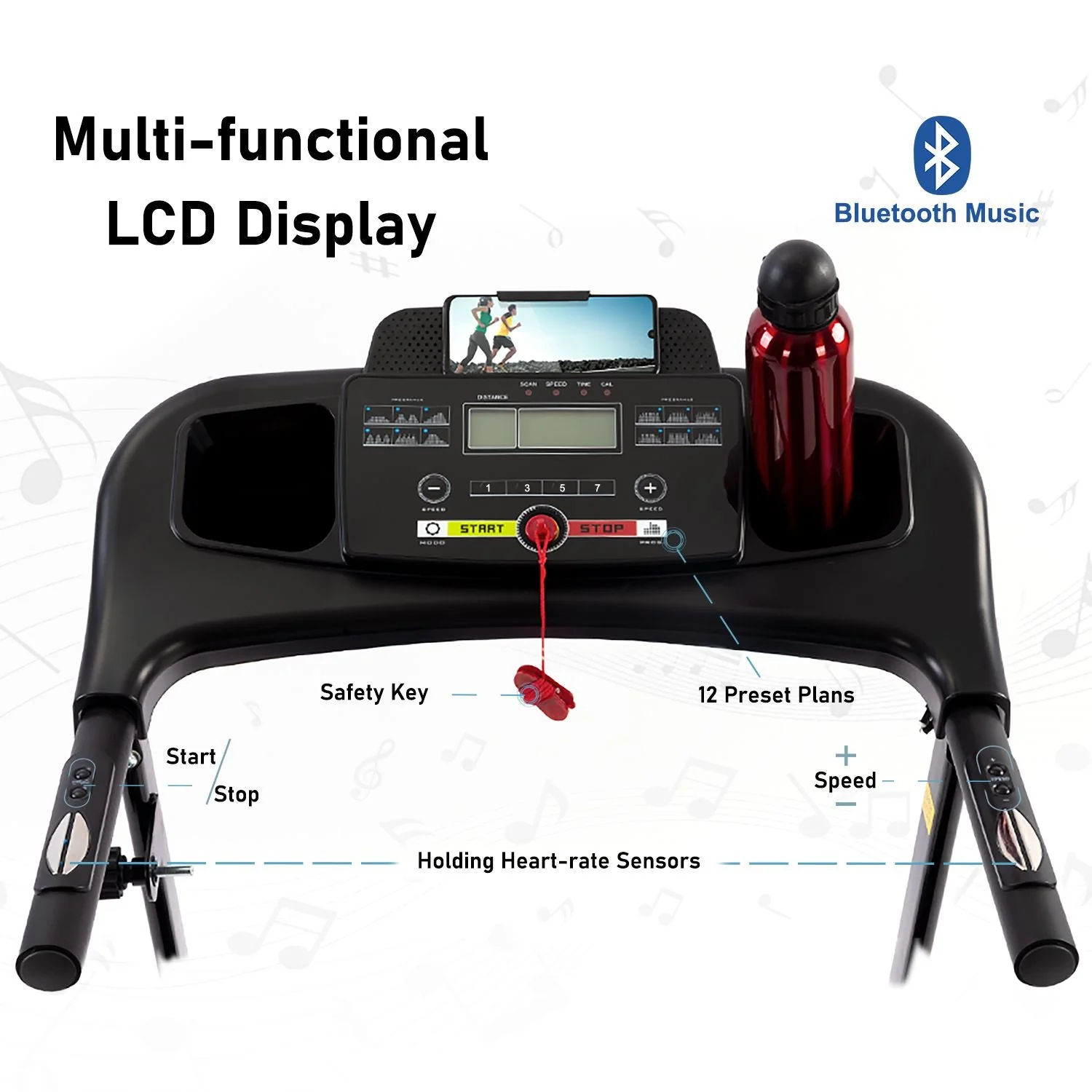 Folding Treadmill with Incline 2.5HP 12KM/H Electric Treadmill for Home Foldable, Bluetooth Music Cup Holder Heart Rate Sensor Walking Running Machine for Indoor Home Gym Exercise Fitness - Image 5
