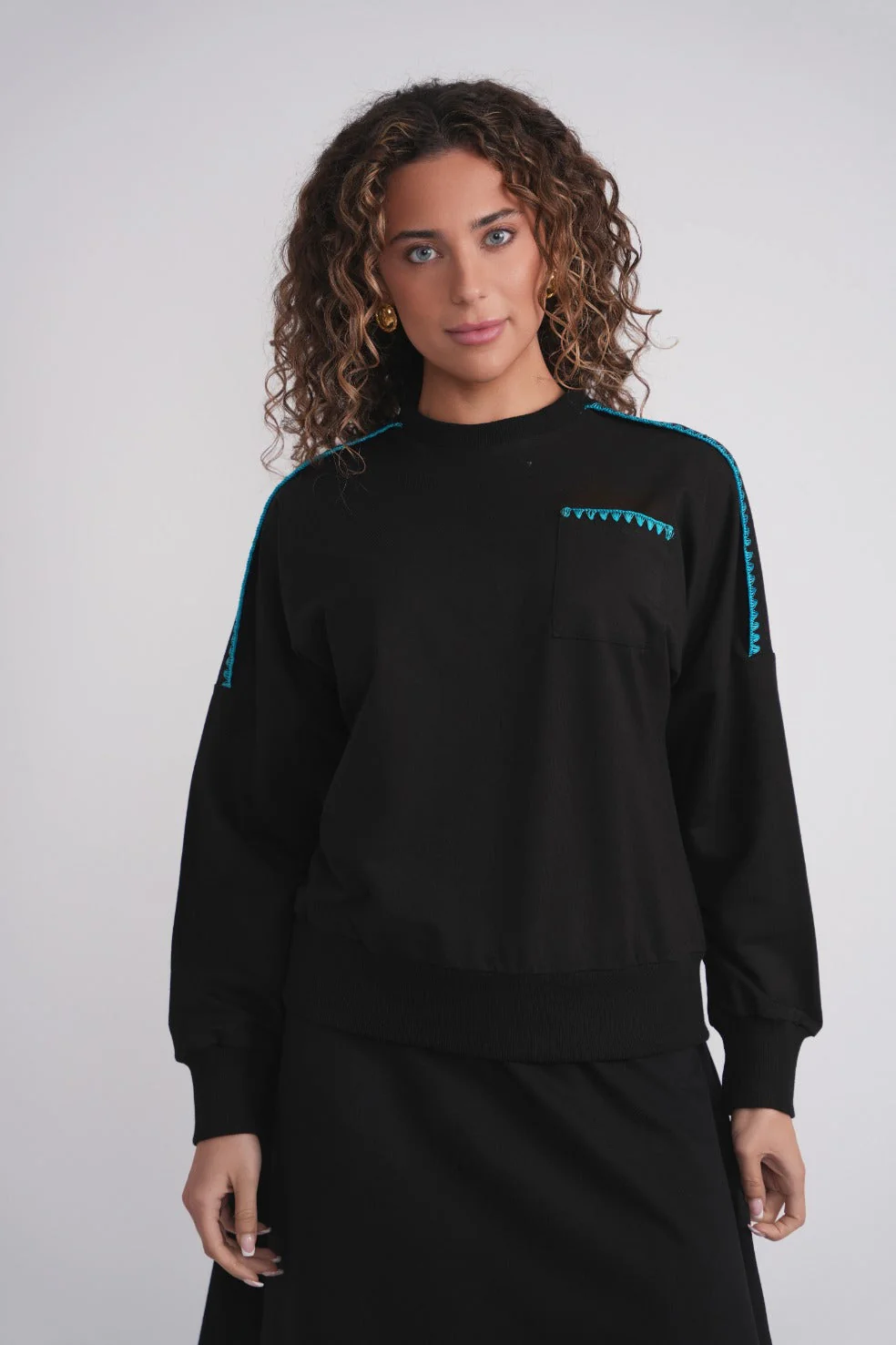 French Terry Sweatshirt with Blanket Stitch - Cobalt - Image 3