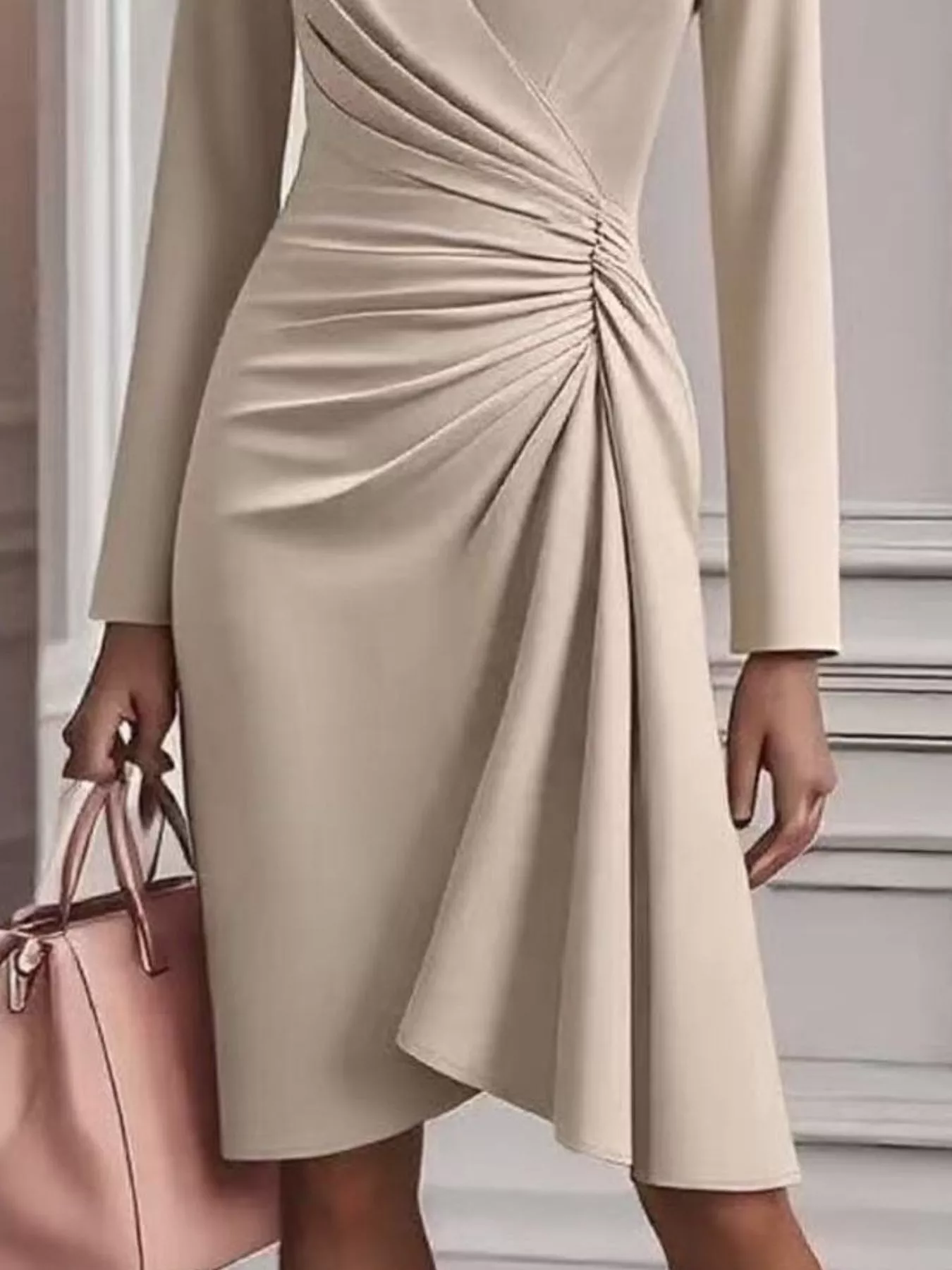 Front Ruched V-Neck Long Sleeve Dress - Image 3