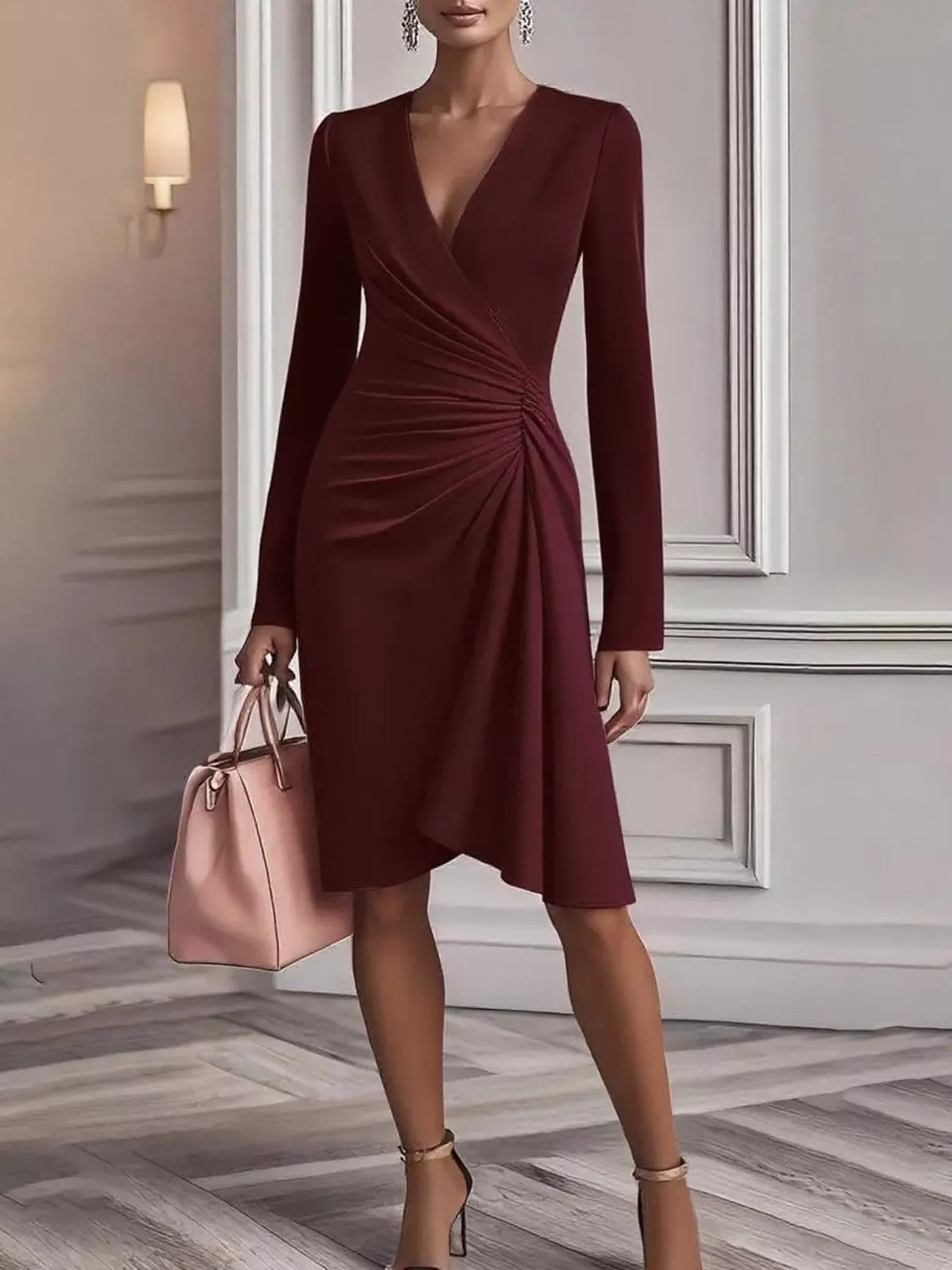 Front Ruched V-Neck Long Sleeve Dress - Image 4