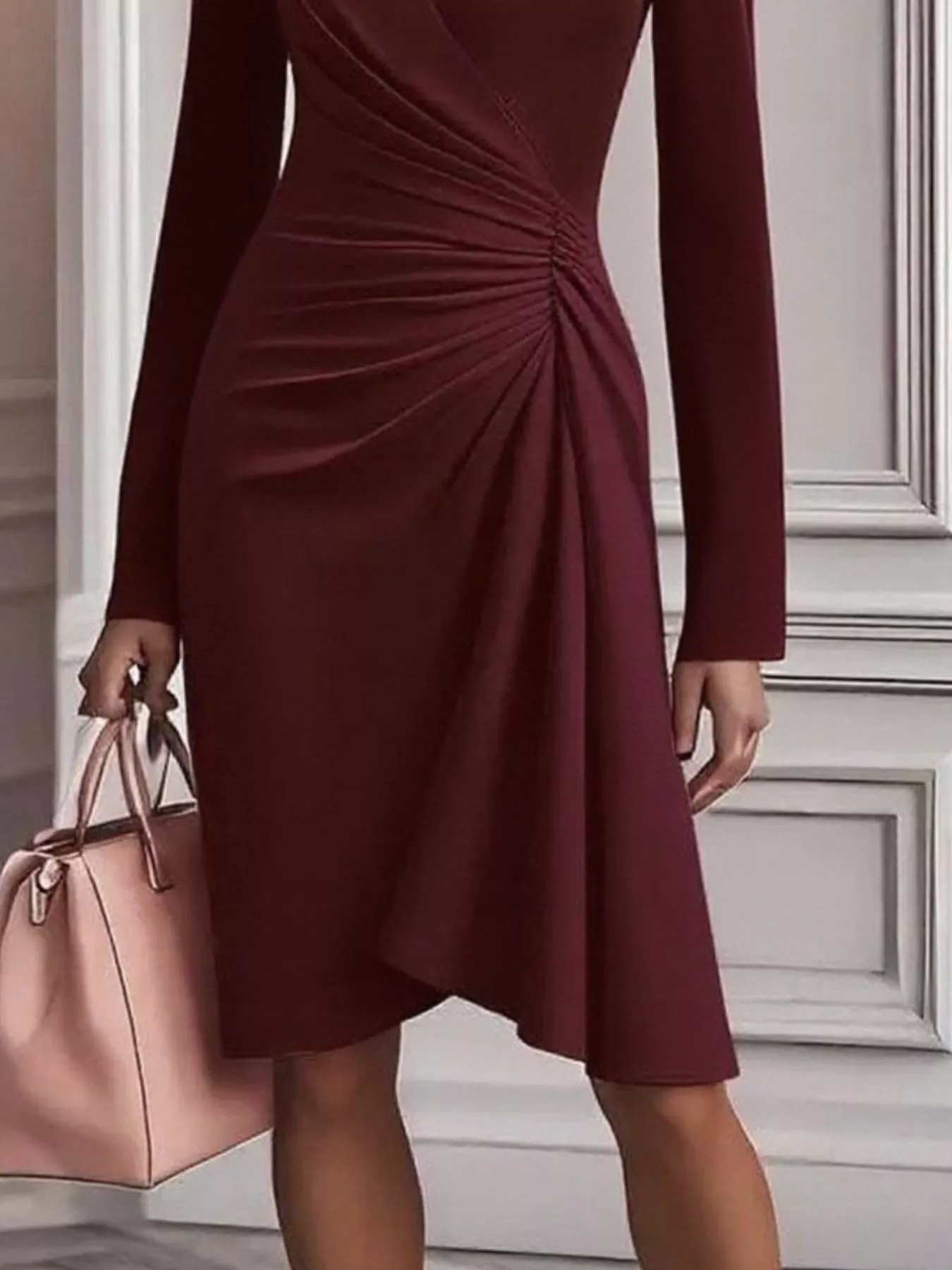 Front Ruched V-Neck Long Sleeve Dress - Image 5