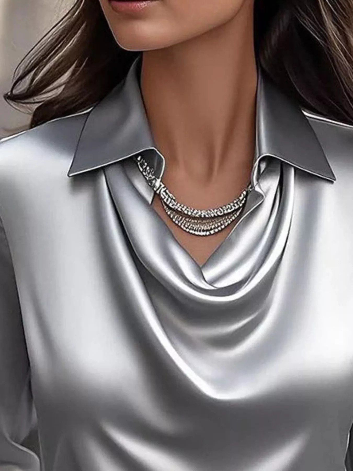 Full Size Satin Cowl Neck Long Sleeve Blouse Plus Size - Image 8