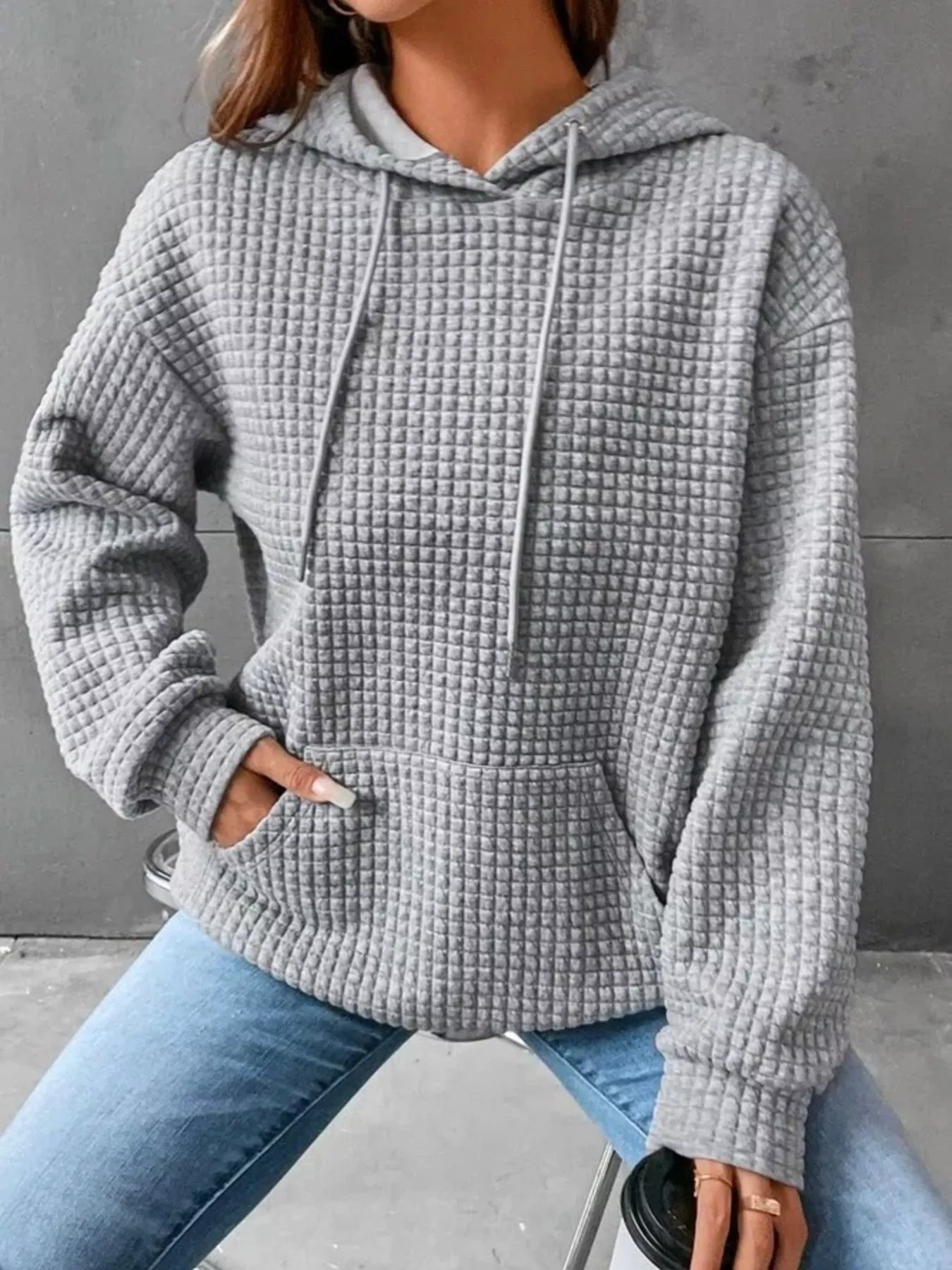 Full Size Textured Kangaroo Pocket Hoodie Plus Size - Image 2