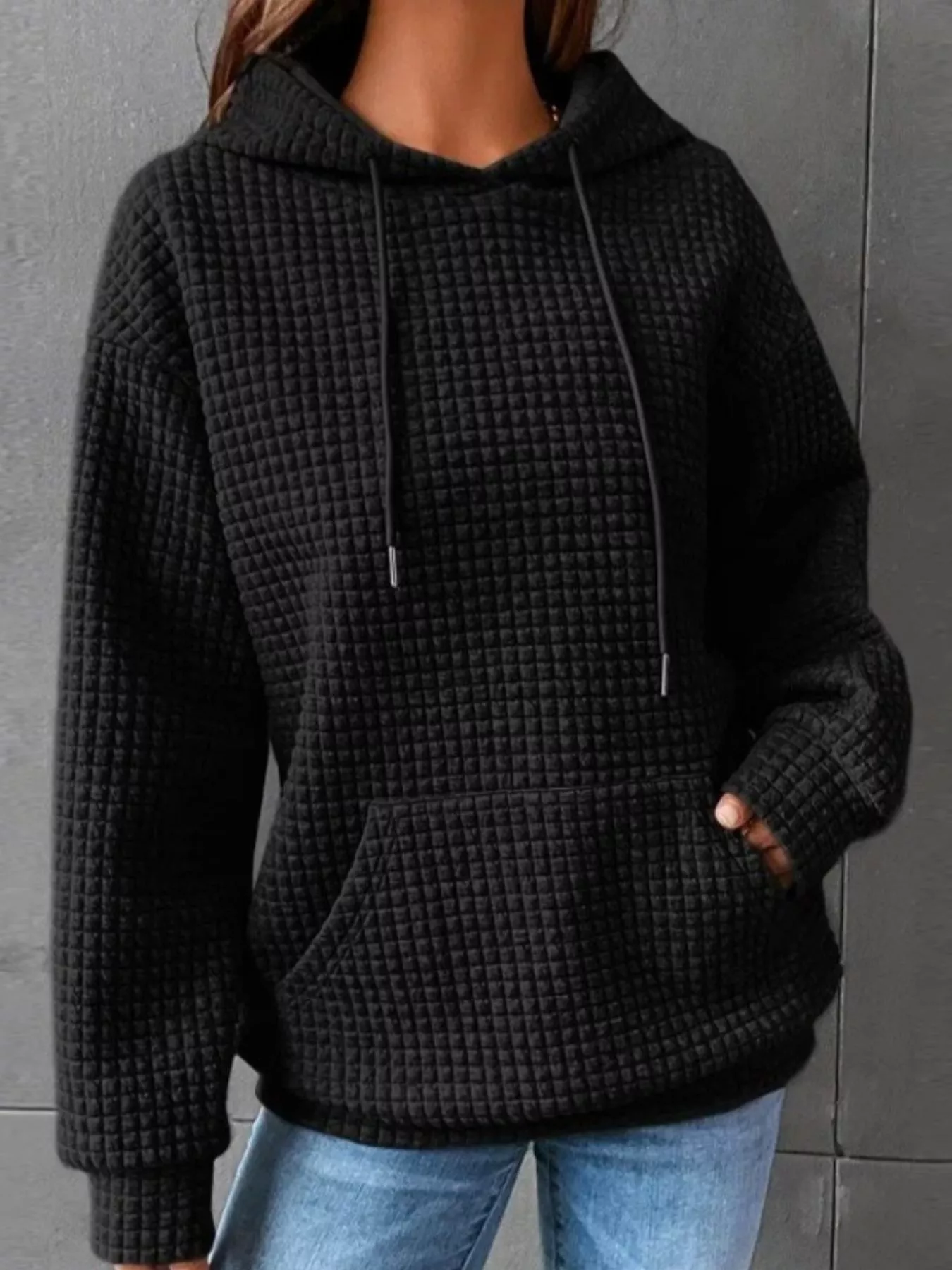 Full Size Textured Kangaroo Pocket Hoodie Plus Size - Image 5