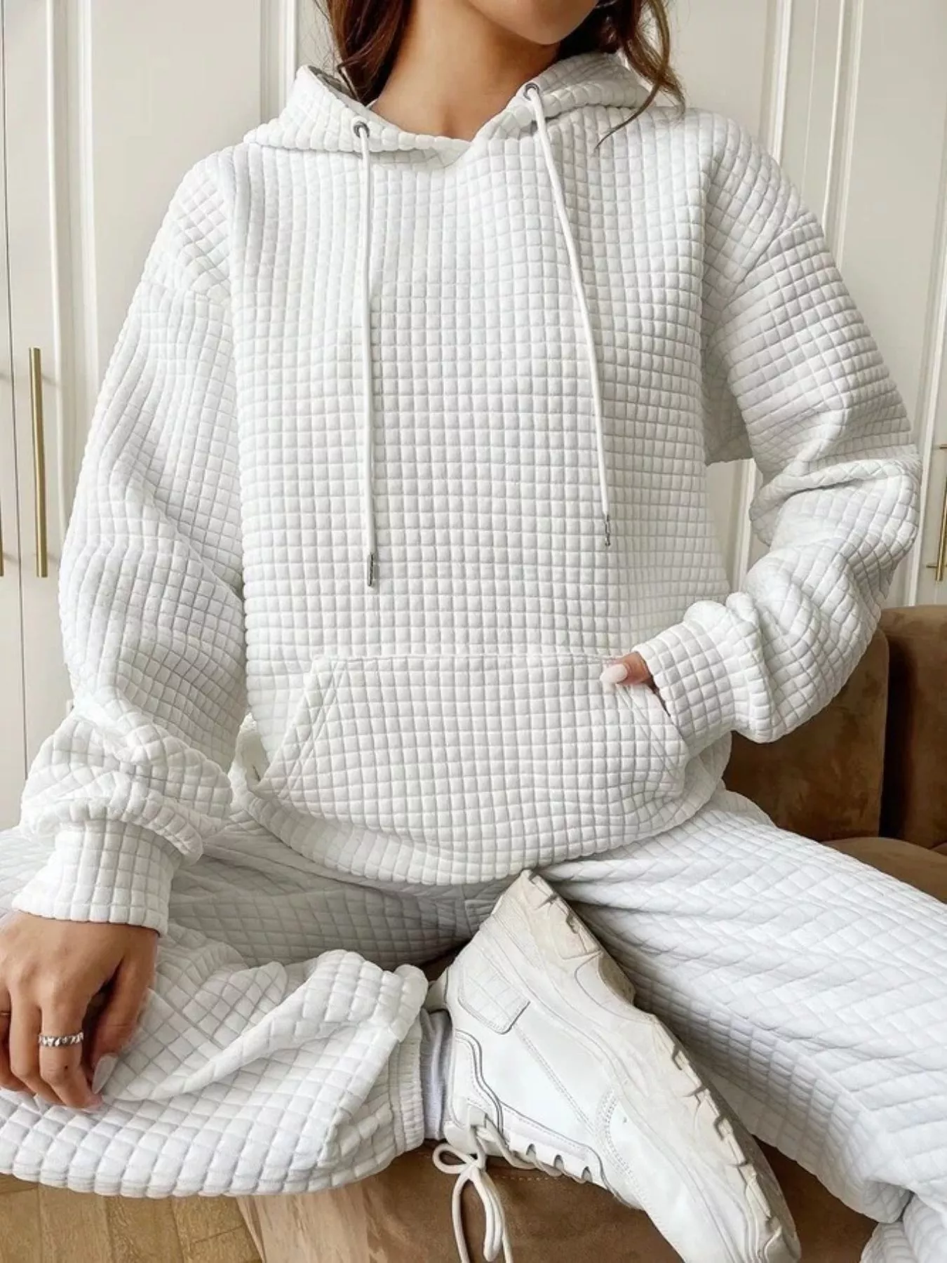 Full Size Textured Kangaroo Pocket Hoodie Plus Size - Image 7