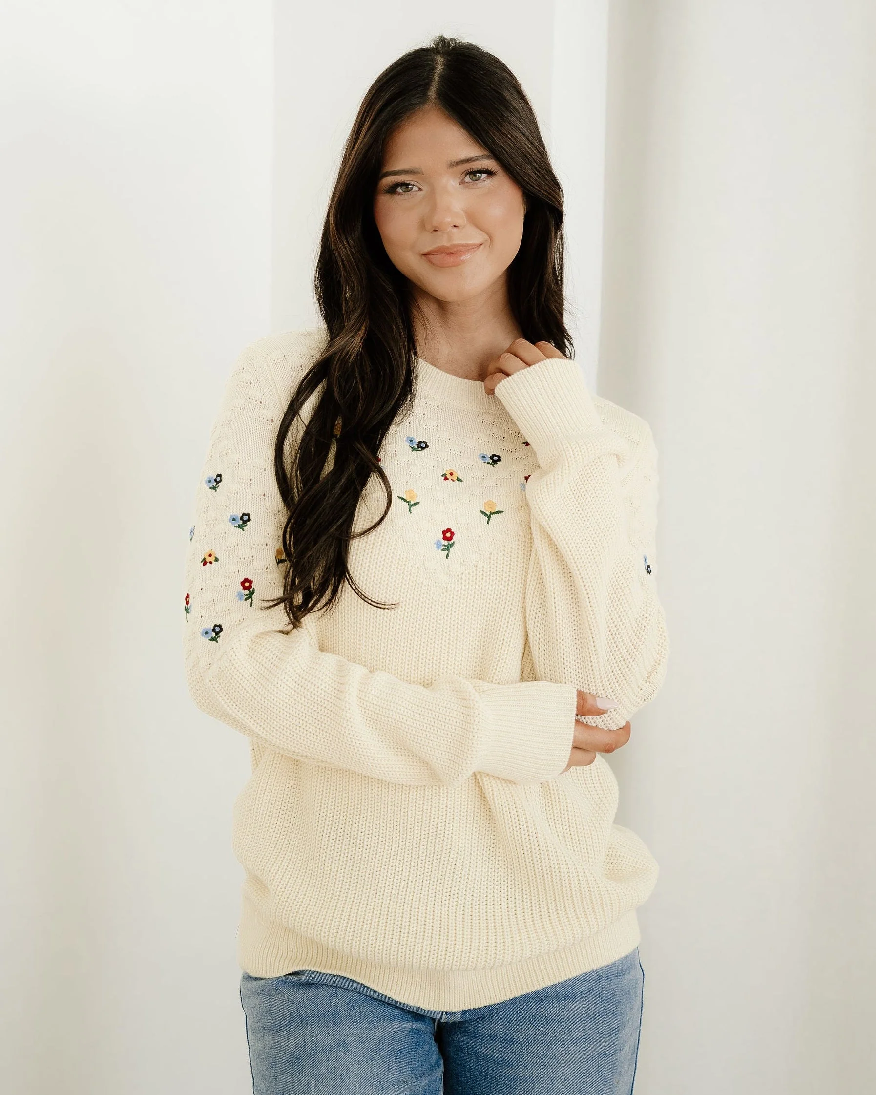 Gemma Mixed Texture Knit Flower Embroidered Detail Casual Sweater - Image 2