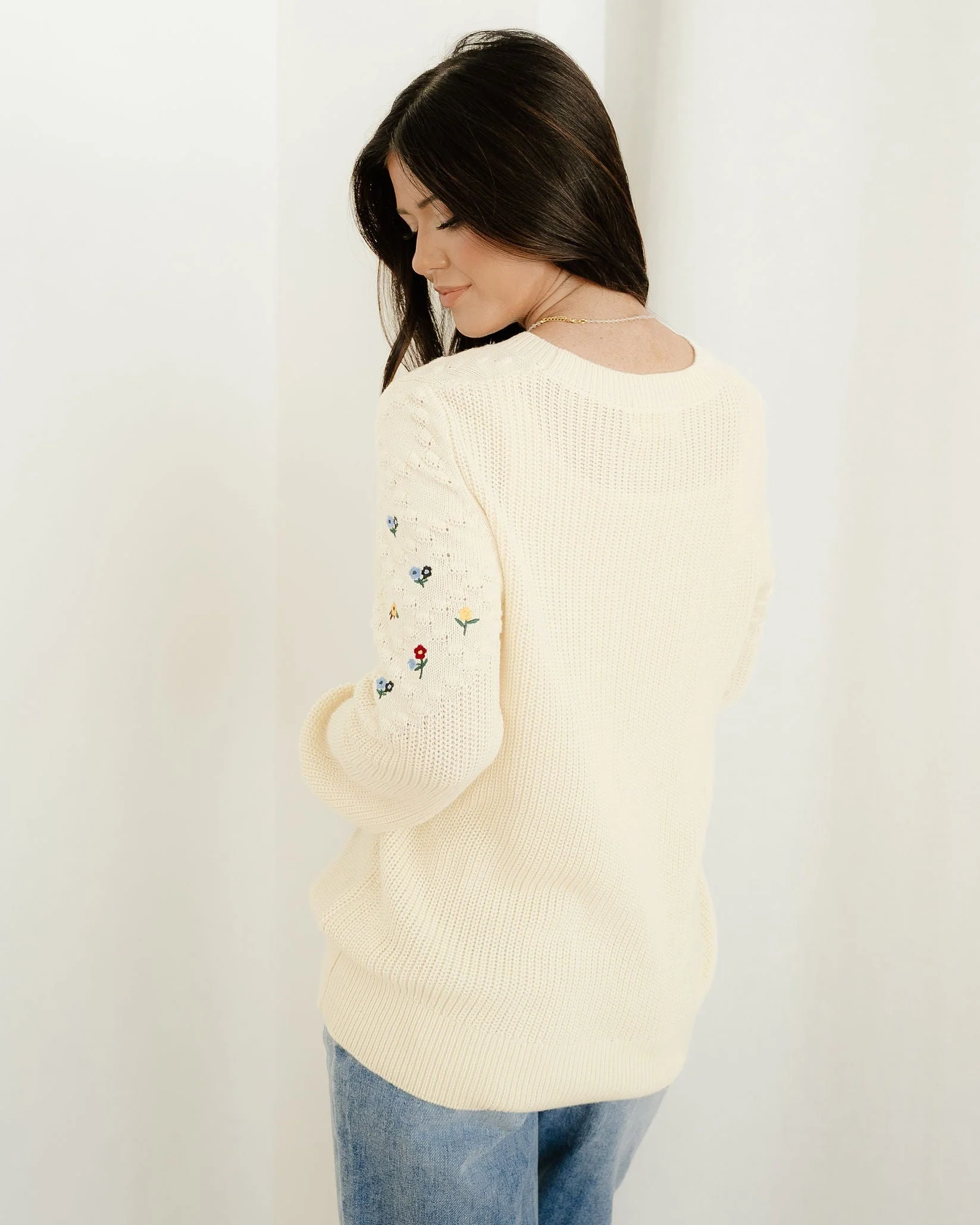 Gemma Mixed Texture Knit Flower Embroidered Detail Casual Sweater - Image 6