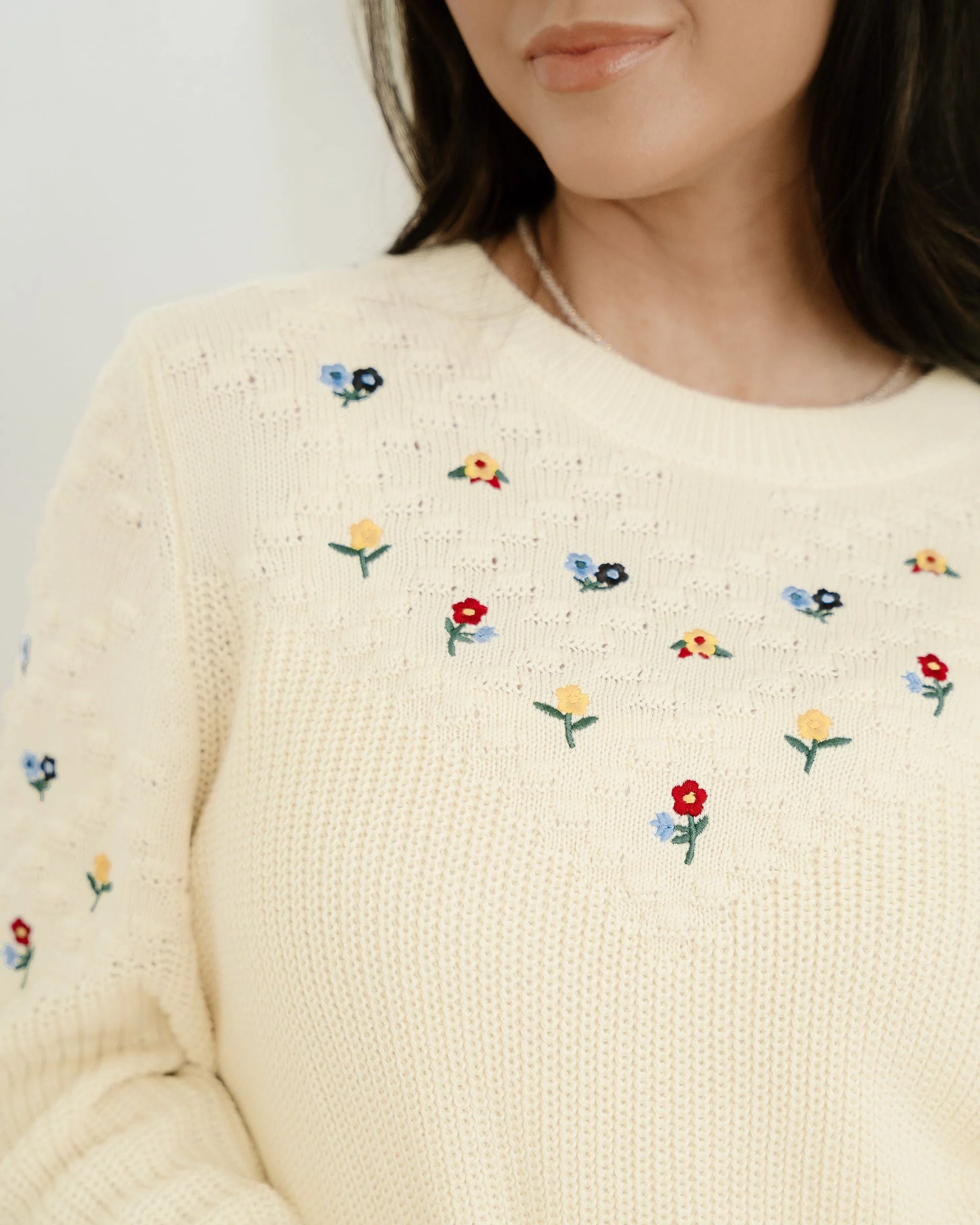 Gemma Mixed Texture Knit Flower Embroidered Detail Casual Sweater - Image 8