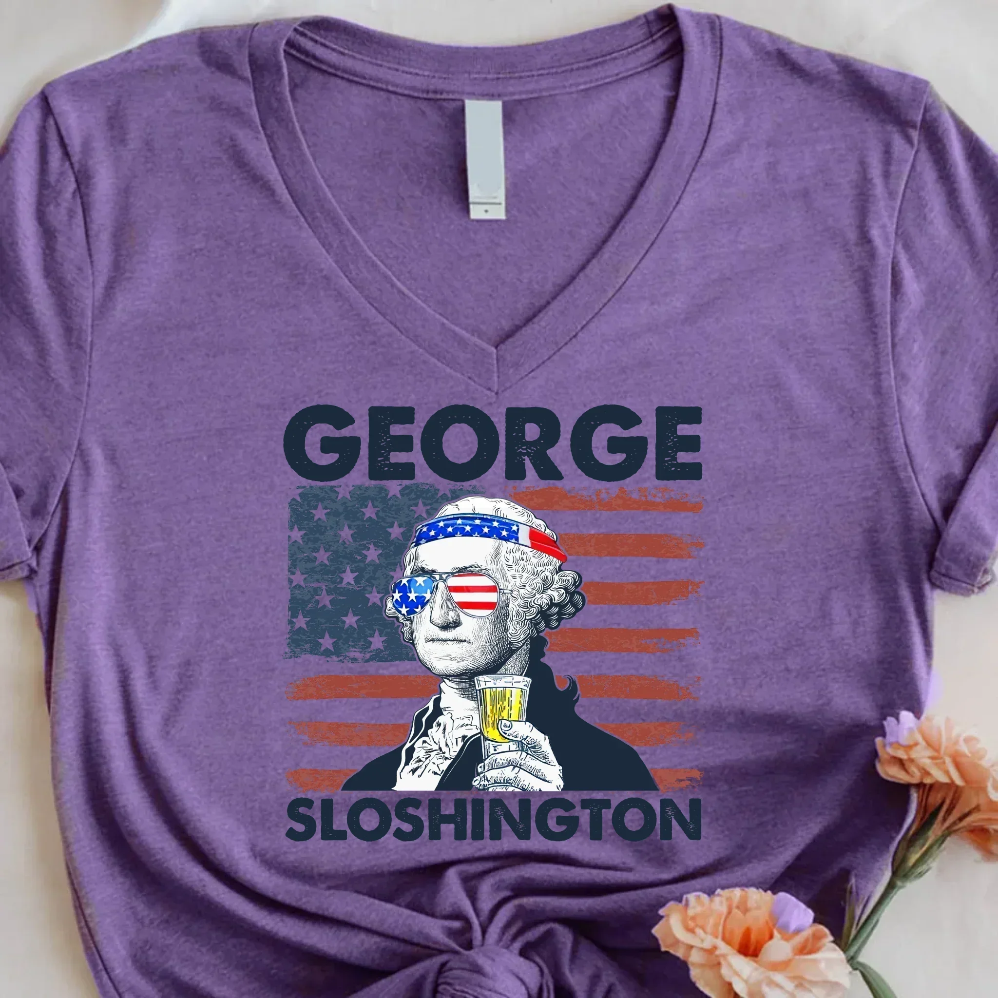 George Sloshington 4th of July Unisex V-Neck Shirt – Washington Drinking Party Tee - Image 3