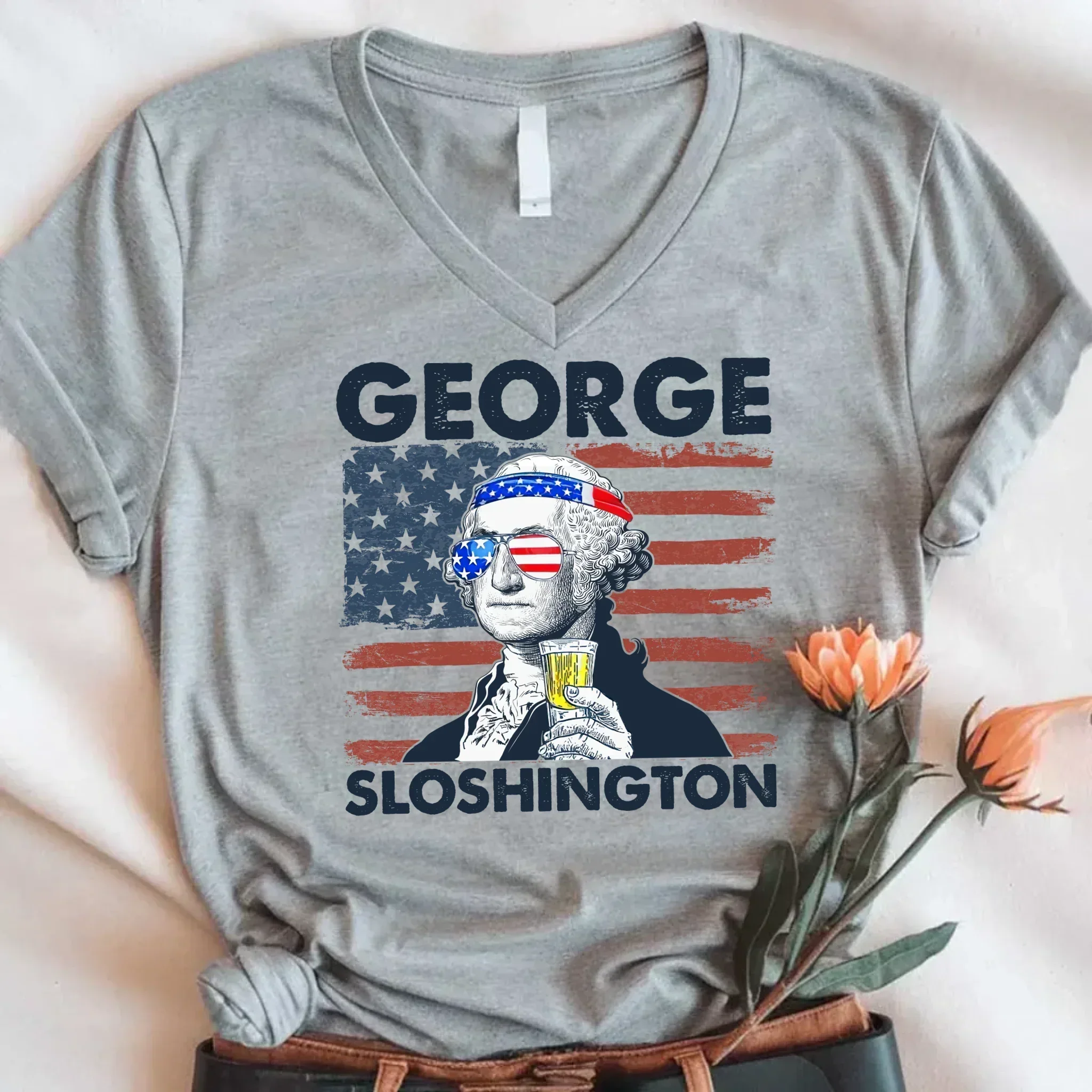 George Sloshington 4th of July Unisex V-Neck Shirt – Washington Drinking Party Tee - Image 4