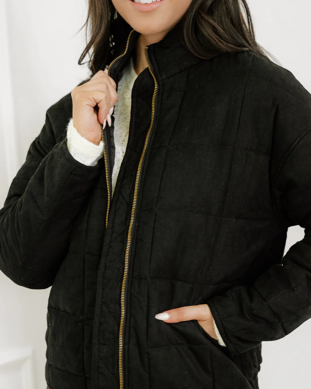 Georgie Zip-Up Pocket Quilted Jacket - Black - Image 6