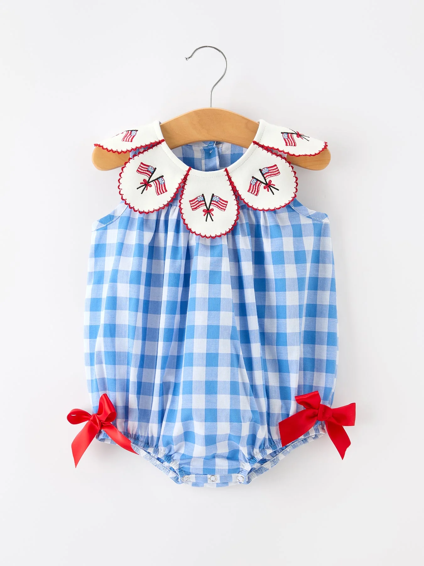 Girls 4th of July Plaid Romper Bow Embroidery Petals Collar