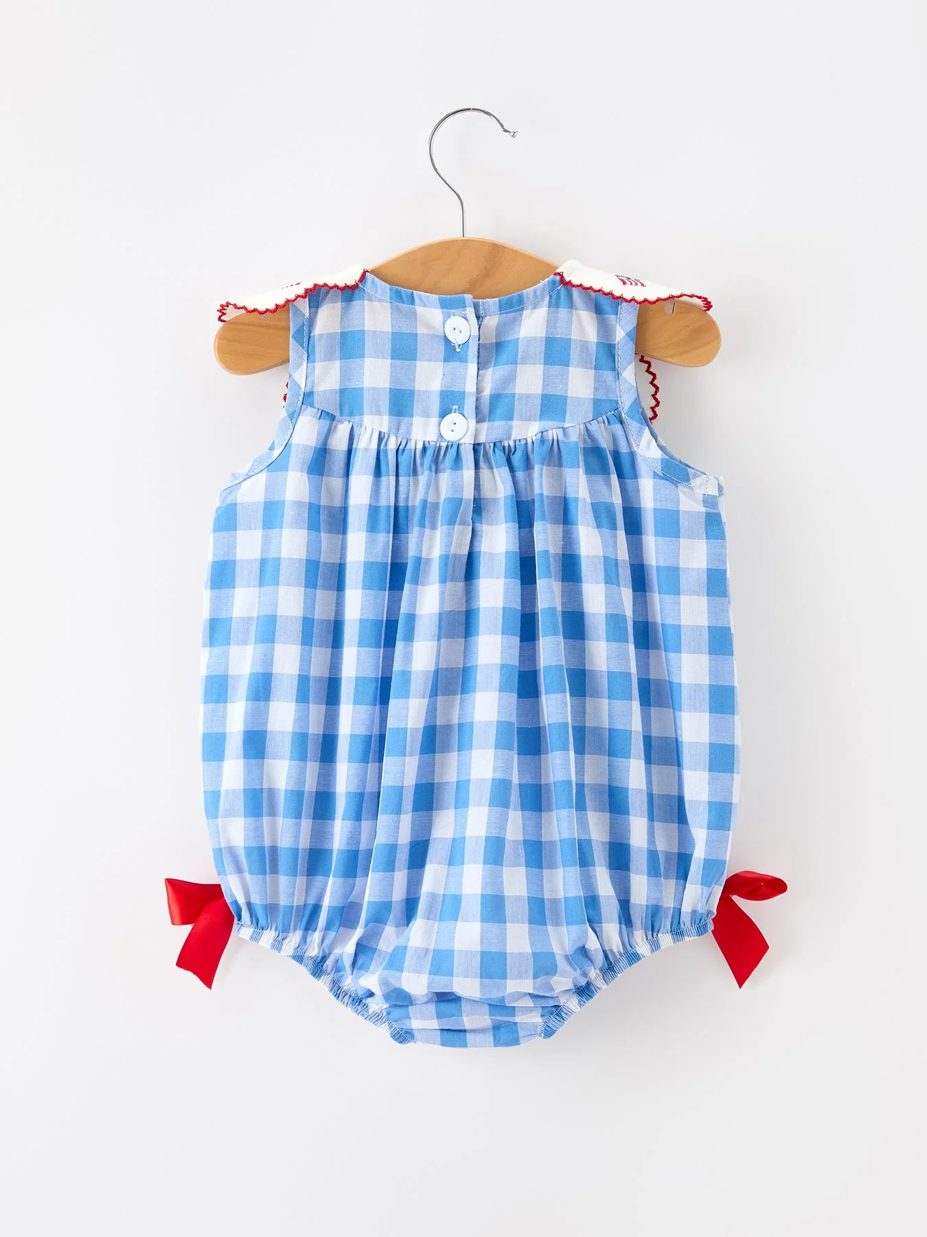 Girls 4th of July Plaid Romper Bow Embroidery Petals Collar - Image 2