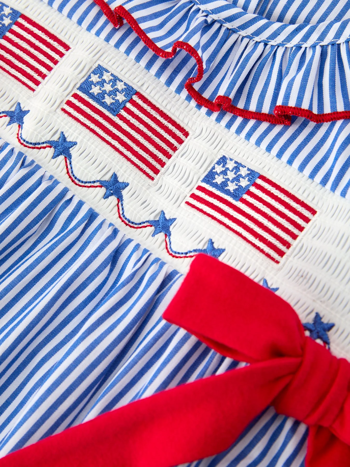 Girls 4th of July Plaid Romper Bow Smocked Embroidery - Image 3