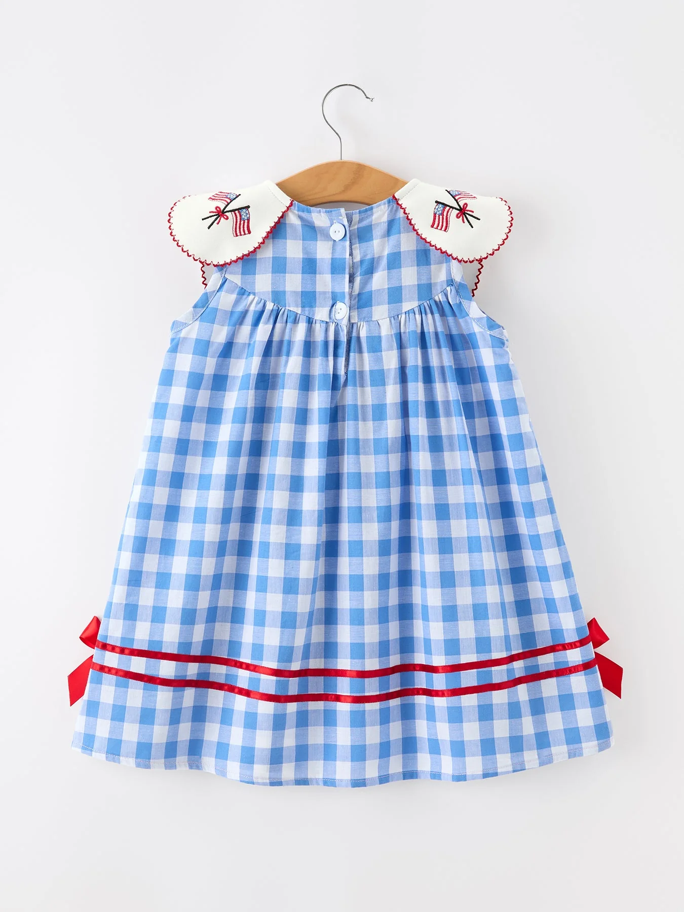 Girls 4th of July Plaid Twirl Dress Bow Embroidery Petals Collar - Image 2
