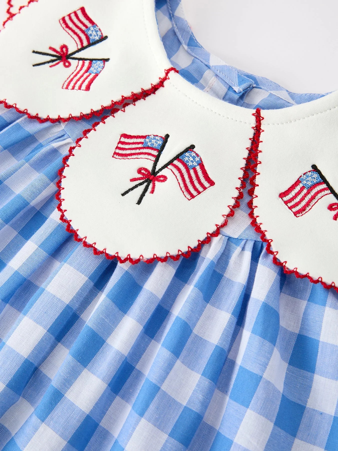 Girls 4th of July Plaid Twirl Dress Bow Embroidery Petals Collar - Image 3