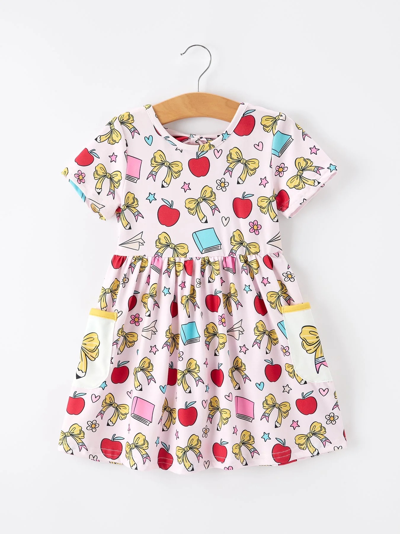 Girls Back To School Apple Bow Pocket Twirl Dress
