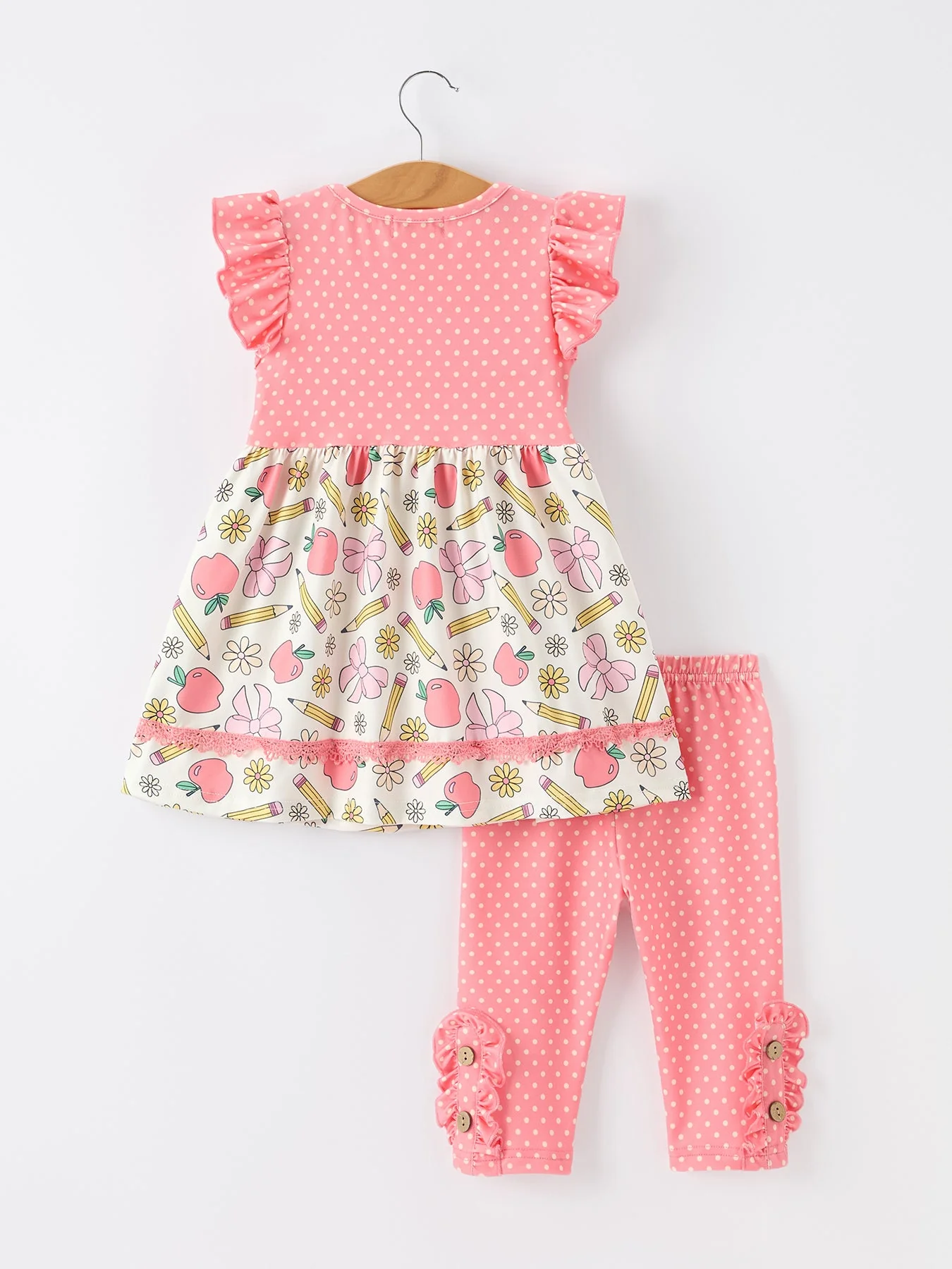 Girls Back To School Apple Pencil Polka Dot Dress Leggings Set - Image 2