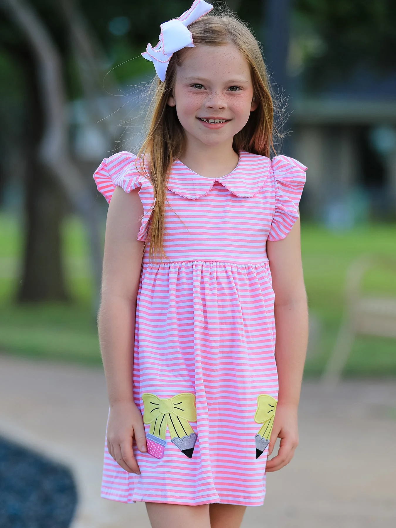 Girls Back To School Bow Pencil Twirl Dress Ruffle Petal Collar Applique - Image 3