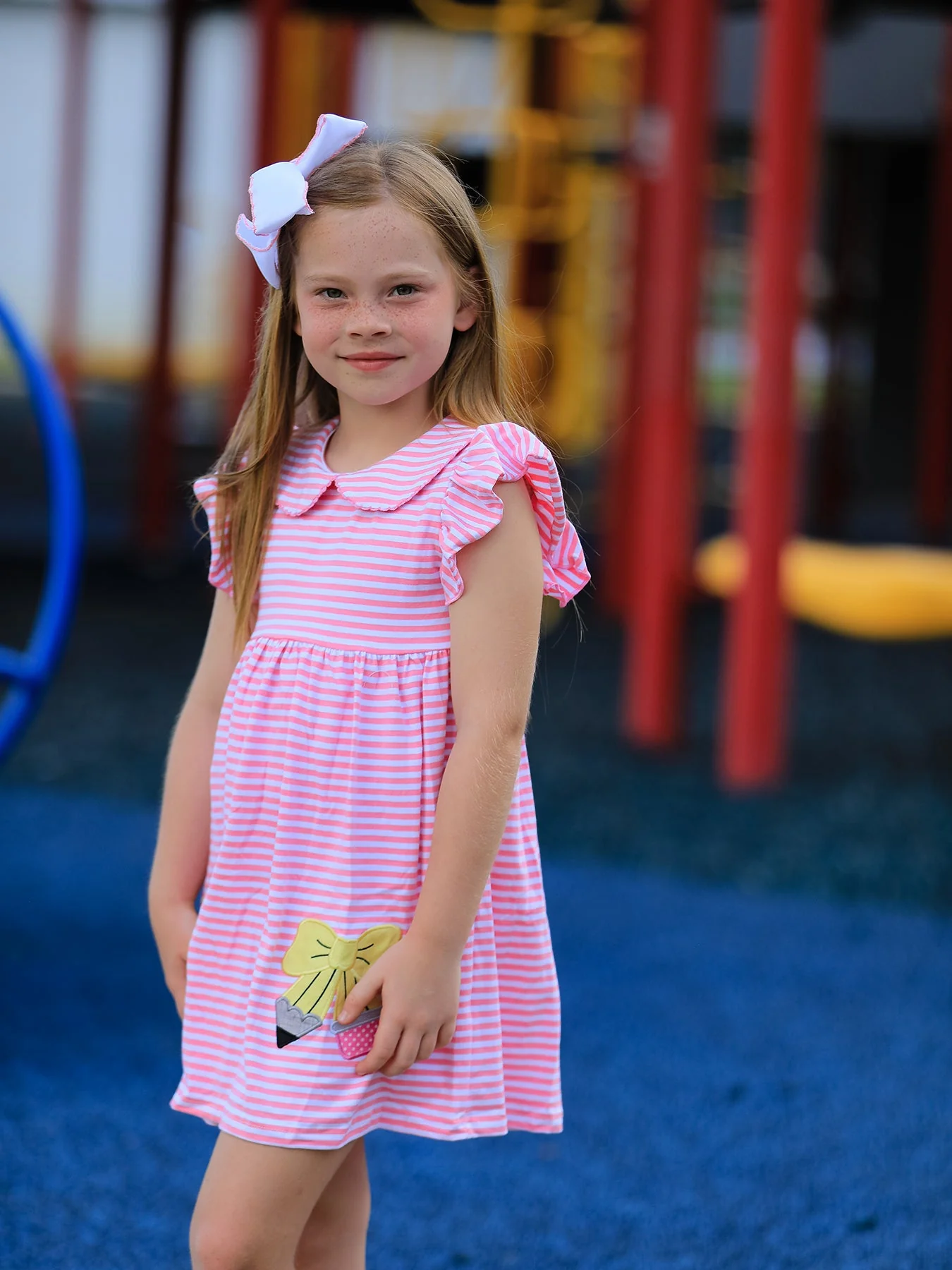 Girls Back To School Bow Pencil Twirl Dress Ruffle Petal Collar Applique - Image 4