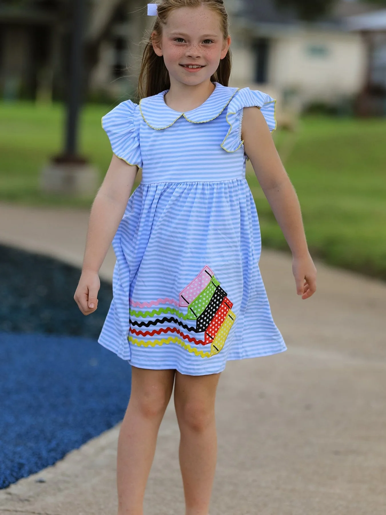 Girls Back To School Crayon Dress Ruffle Petal Collar Applique - Image 2