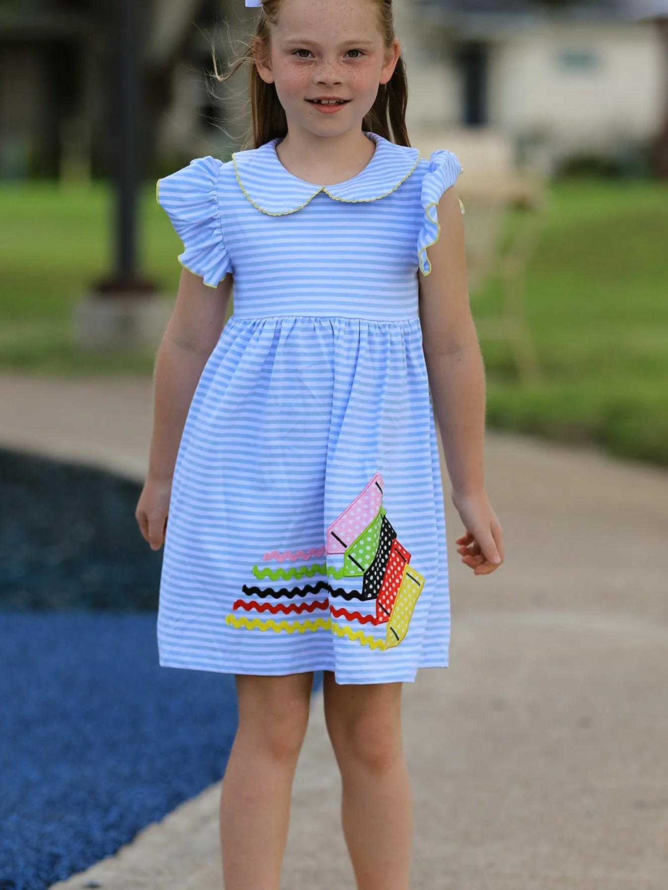 Girls Back To School Crayon Dress Ruffle Petal Collar Applique - Image 3
