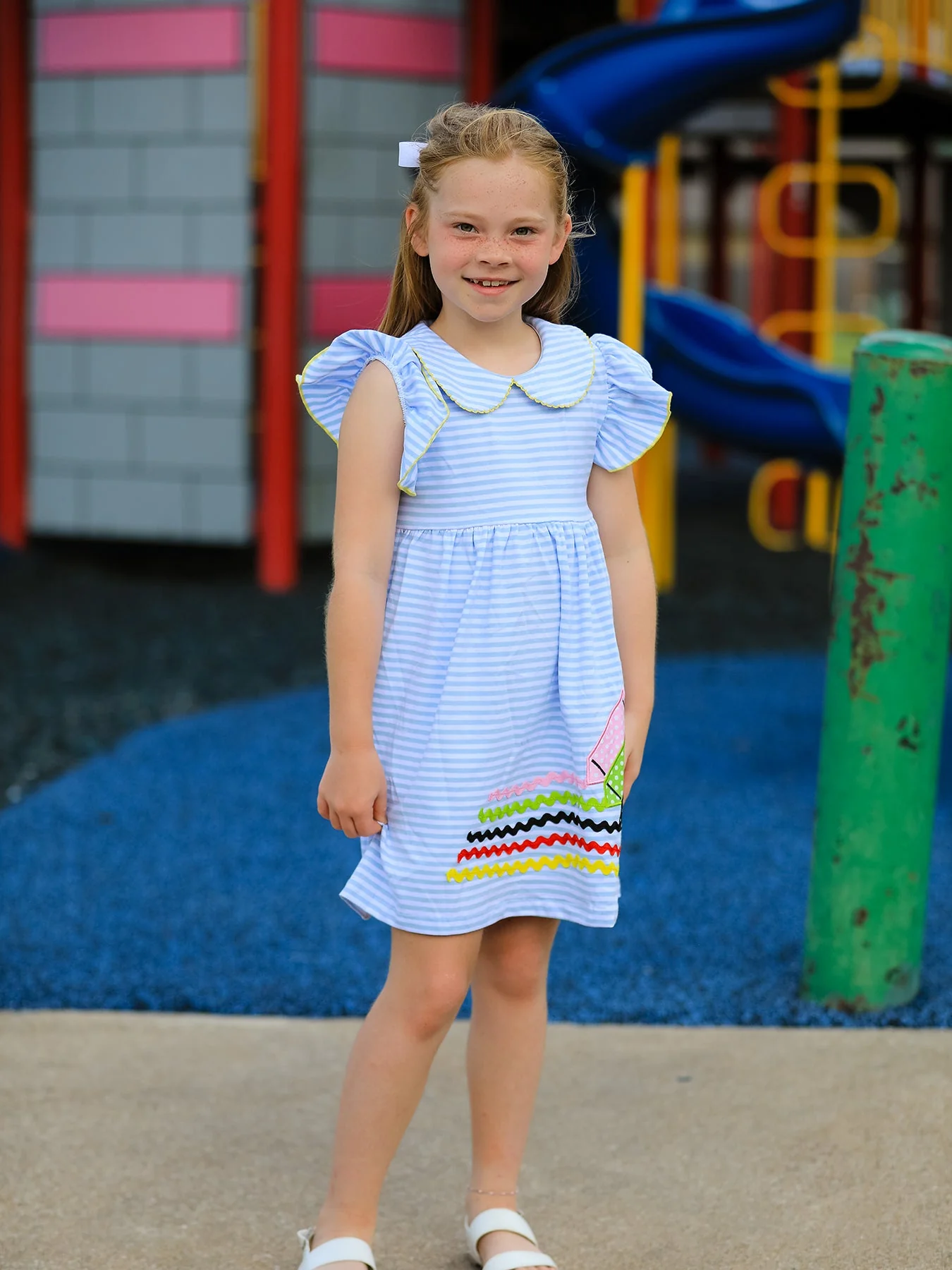 Girls Back To School Crayon Dress Ruffle Petal Collar Applique - Image 4